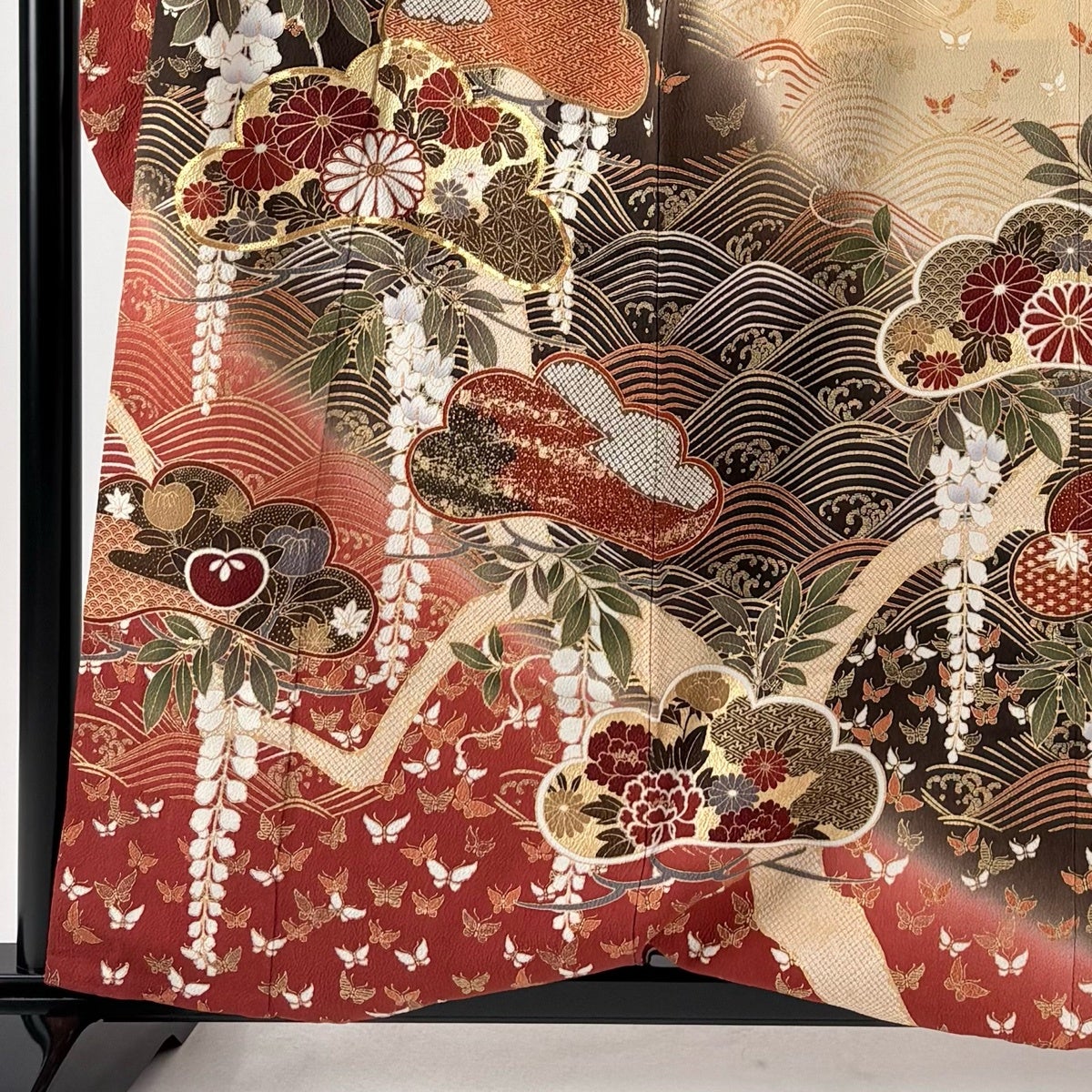振袖 身丈159.5cm 裄丈63.5cm S 袷 笠松 波 金糸 金彩 焦茶色 正絹