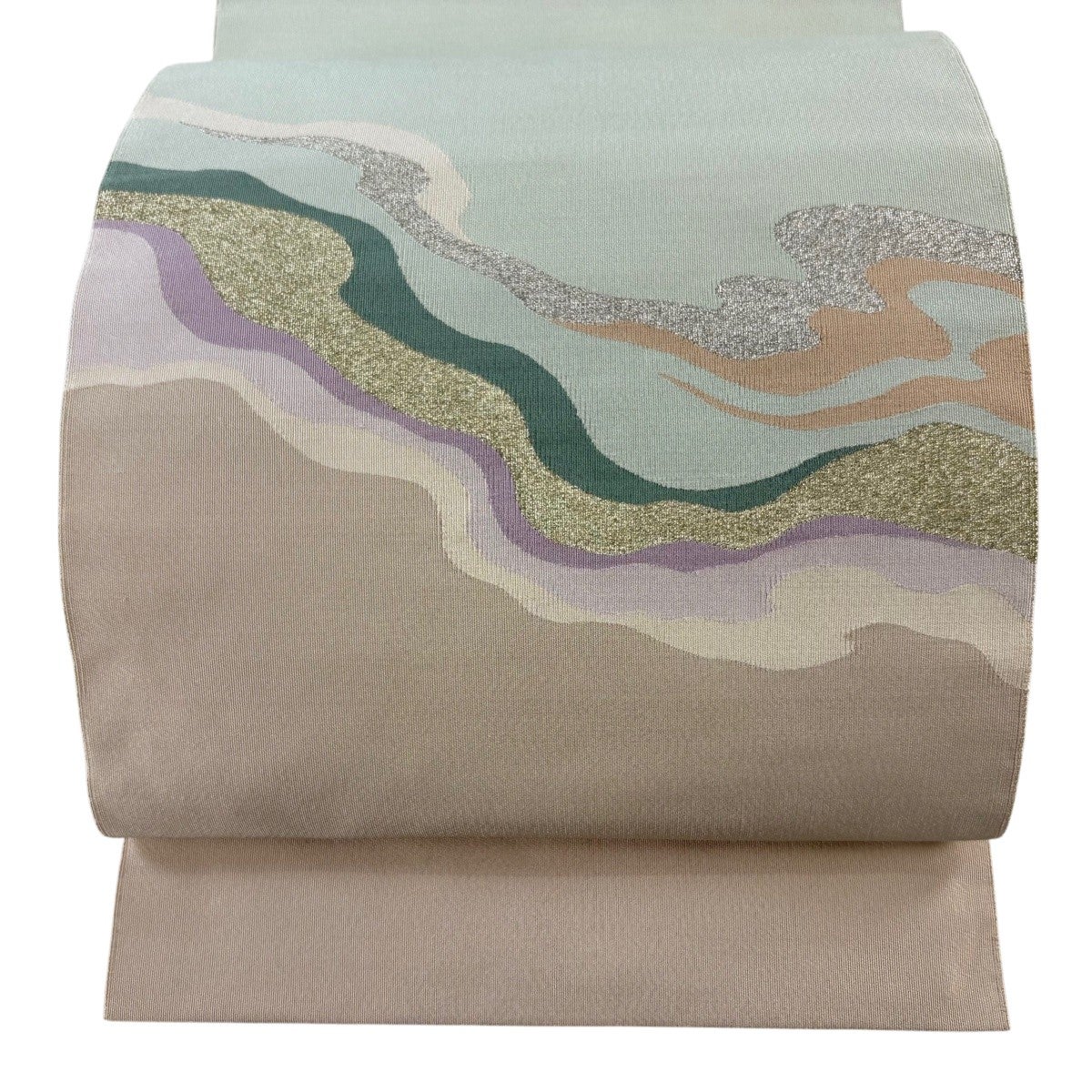 美品】 名古屋帯 秀品 八寸名古屋帯 松葉仕立て 縞 金糸 薄茶色 正絹