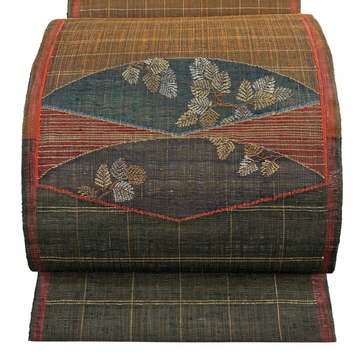 美品】 袋帯 逸品 渡文 落款あり 唐草段花文 霞 草花 唐織 金銀糸 黒 美品】 袋帯 逸品 渡文 落款あり 唐草段花文 霞 草花 唐織 金銀糸 黒