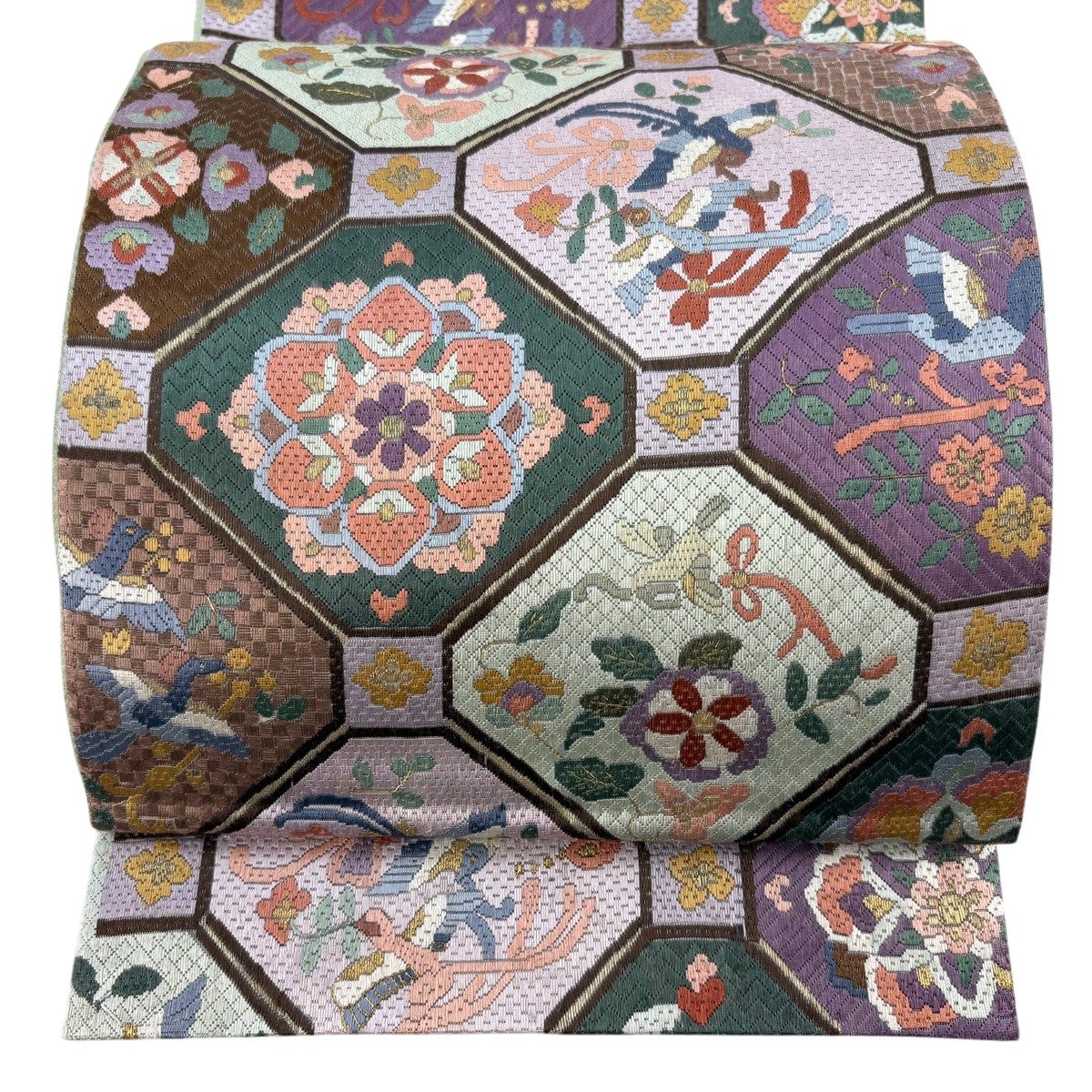 袋帯 逸品 華文 花鳥 絽刺し 金糸 小豆色 全通 正絹｜中古・古着