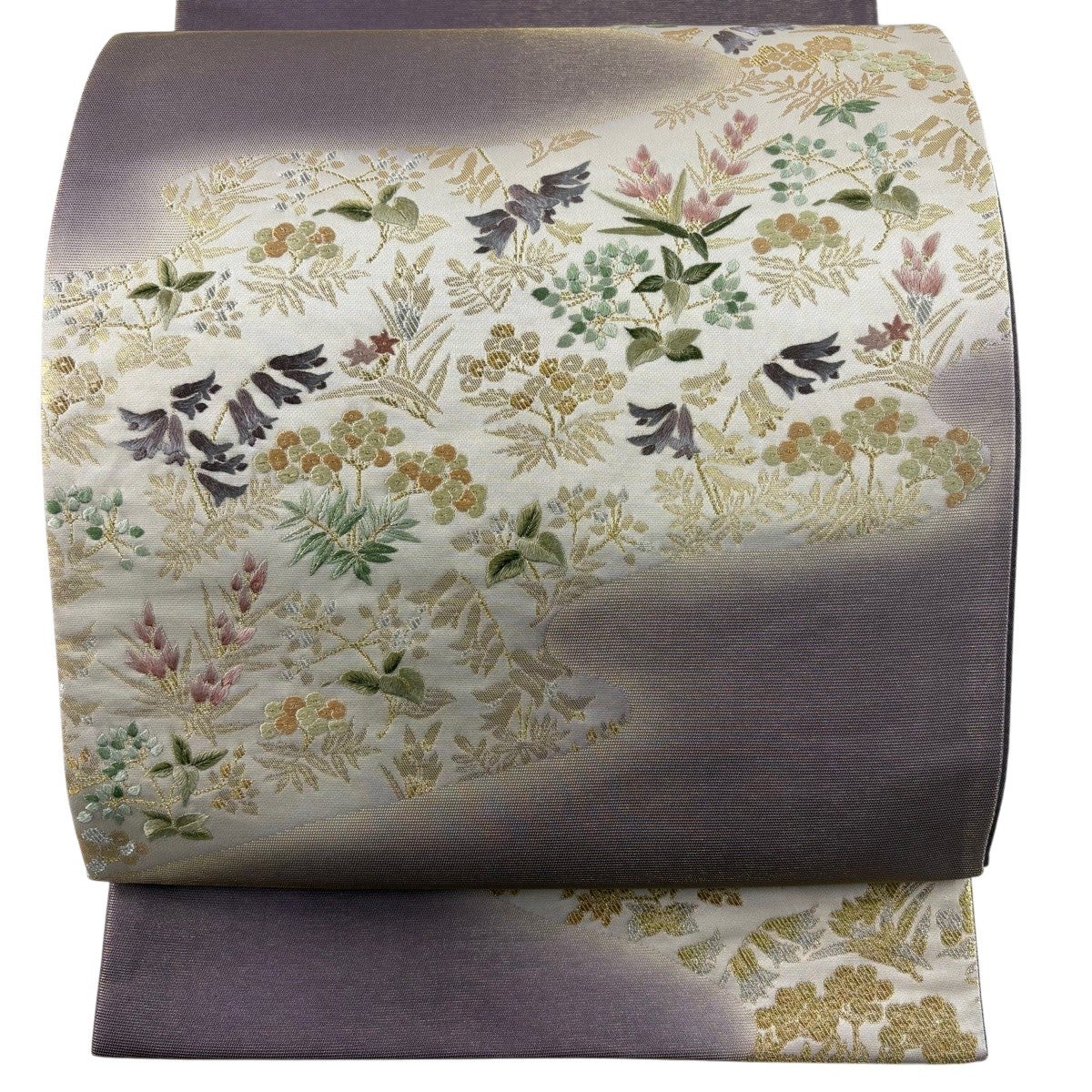 美品】 袋帯 名品 草花 鳥 箔 金糸 金色 お太鼓柄 正絹｜中古・古着