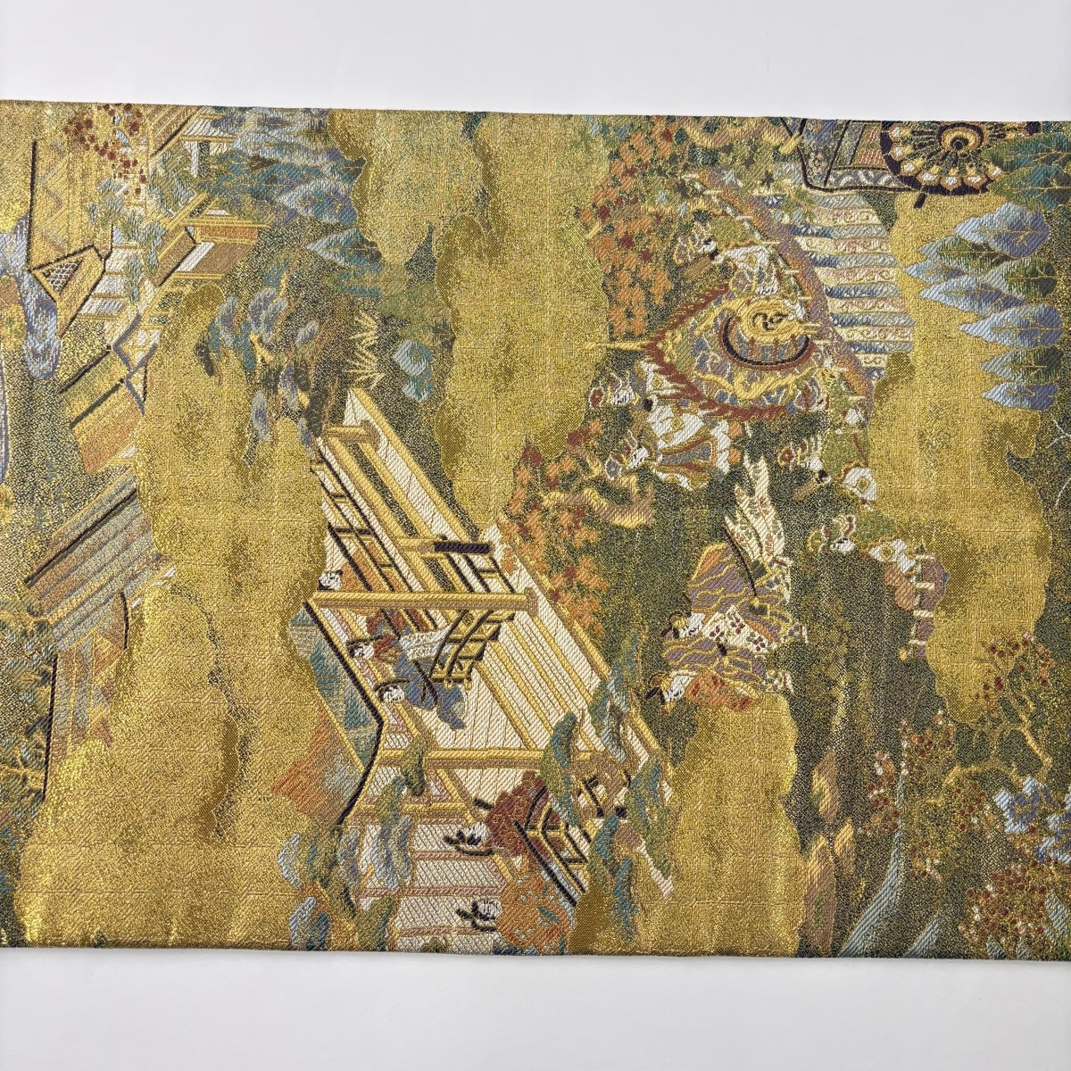 美品】 丸帯 名品 雲間源氏屏風絵 金糸 箔 金色 お太鼓柄 正絹｜中古