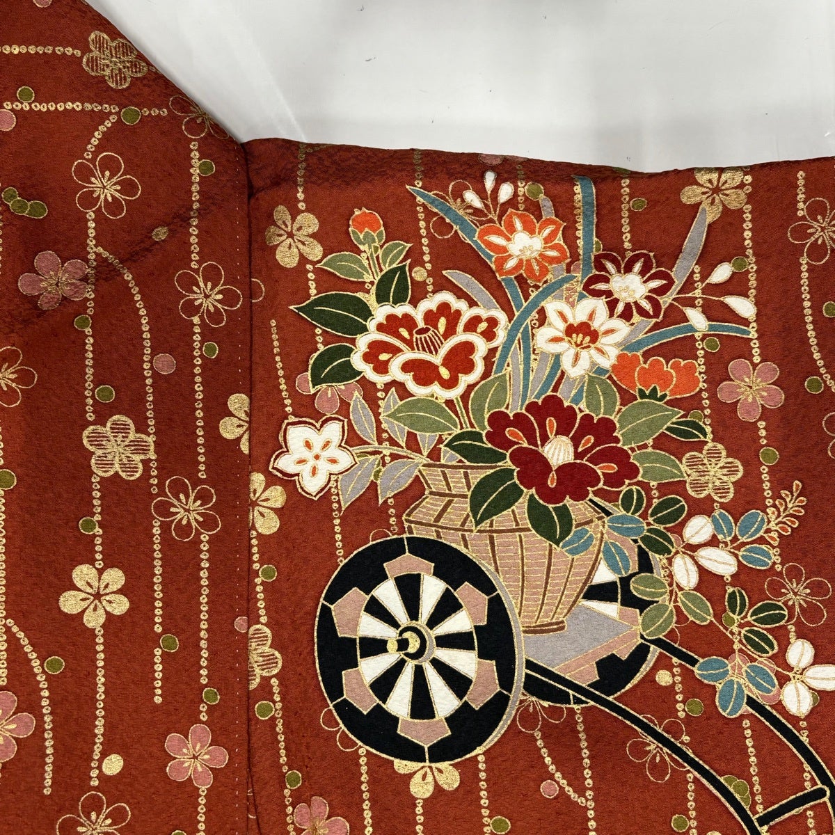 振袖 身丈165cm 裄丈63.5cm S 袷 花車 梅 金糸 金彩 赤茶 正絹 秀品