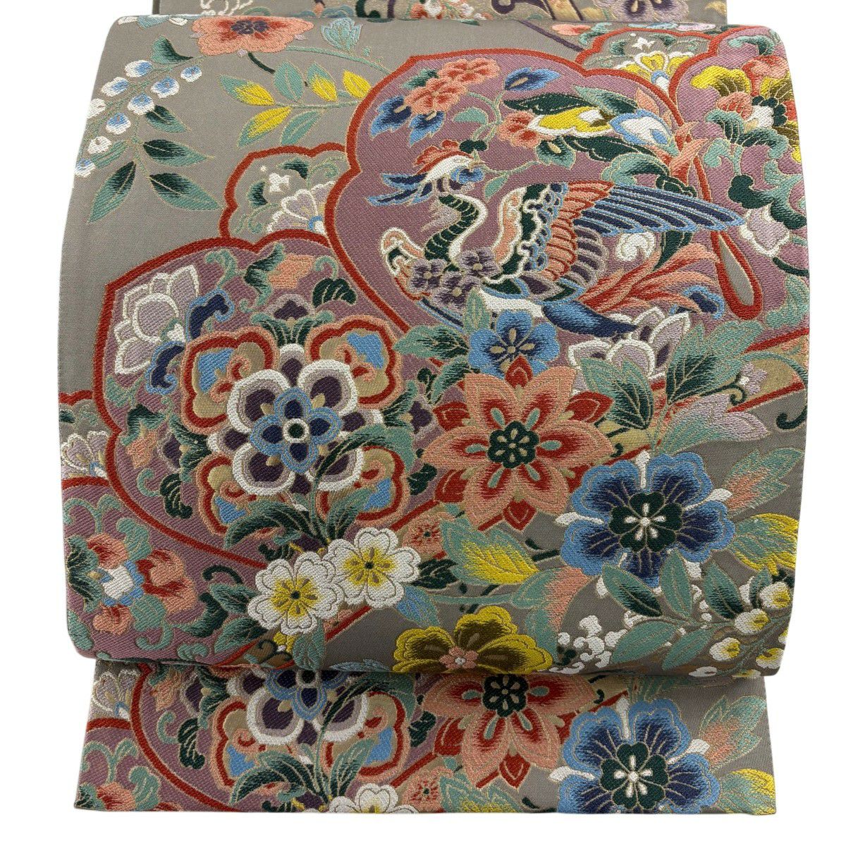 袋帯 秀品 落款あり 霜鳥忍 花鳥 花唐草 箔 金糸 よもぎ色 六通 正絹