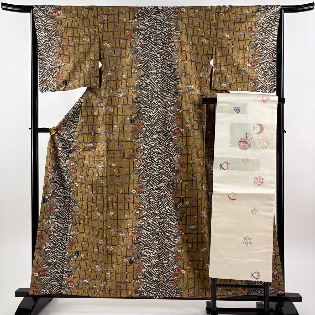 小紋 身丈165cm 裄丈69cm L 袷 名古屋帯セット 幾何学 灰紫 正絹 秀品