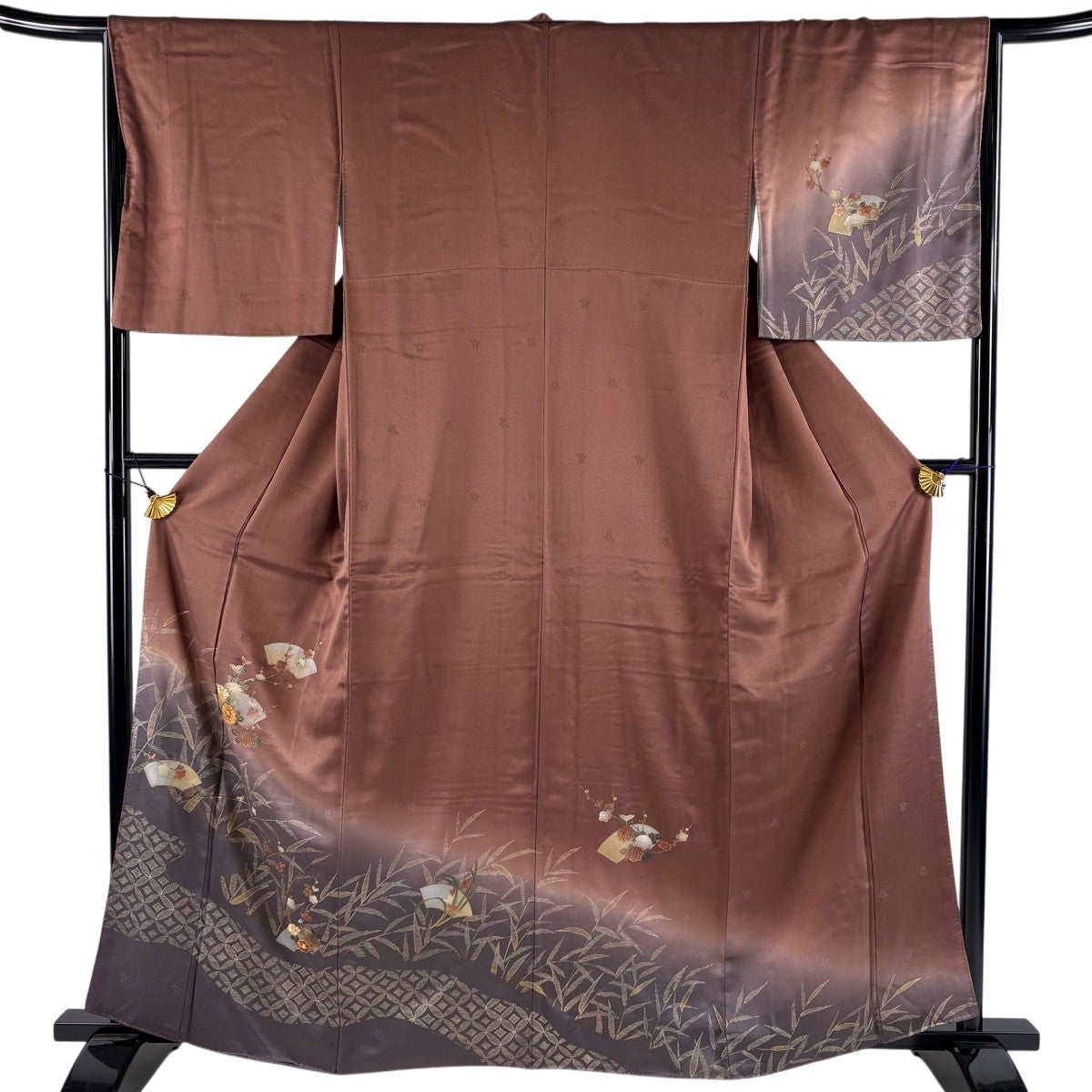 訪問着 身丈169cm 裄丈71.5cm L 袷 扇面 草花 刺繍 箔 茶紫 正絹 秀品