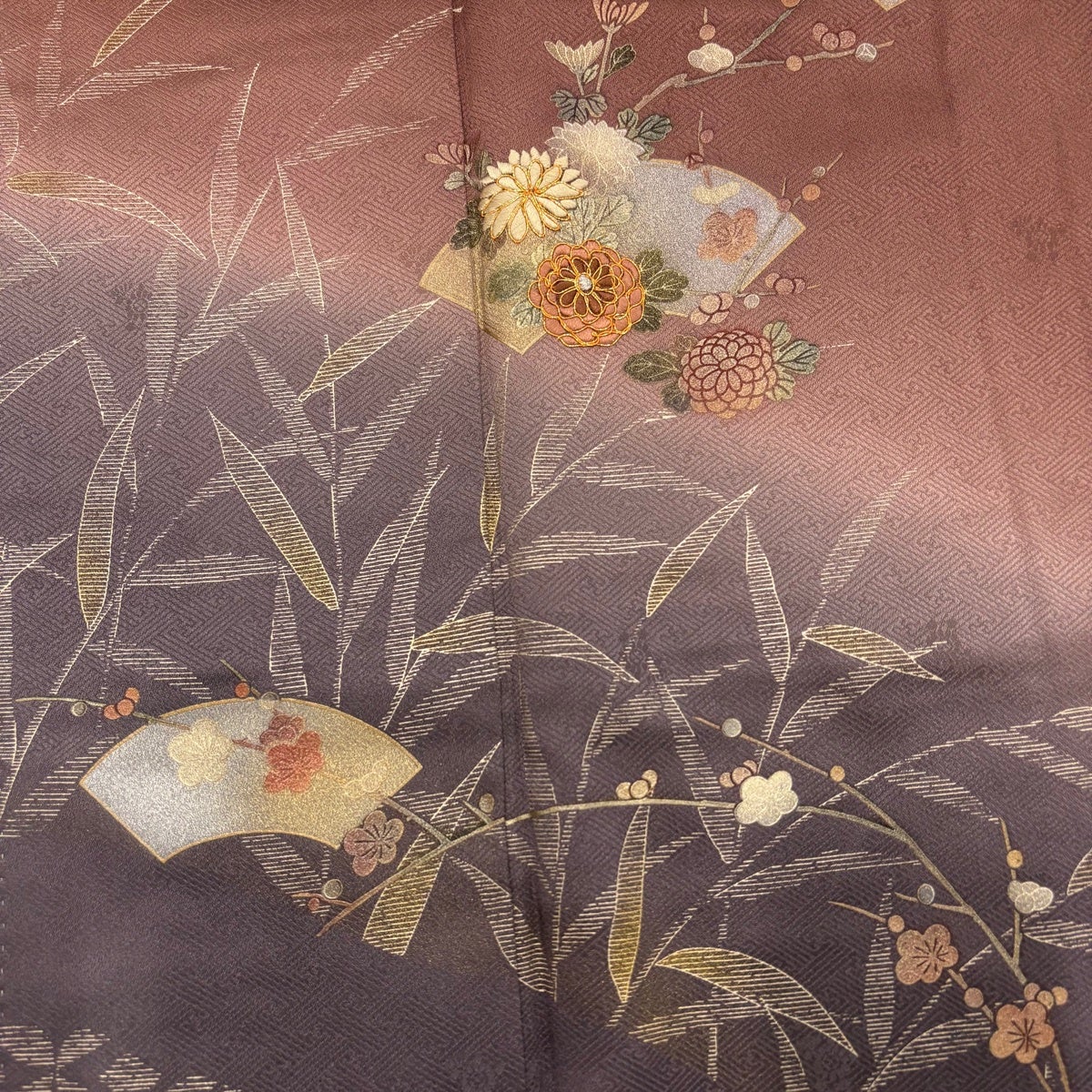 訪問着 身丈161.5cm 裄丈65cm M 袷 扇面 草花 刺繍 金銀彩 茶紫 正絹