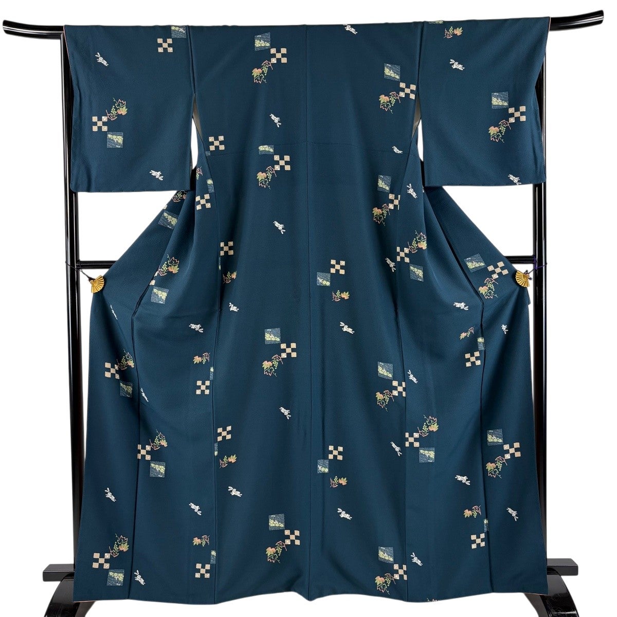 美品】 小紋 身丈165cm 裄丈65cm M 袷 うさぎ 葡萄 深緑 正絹 秀品