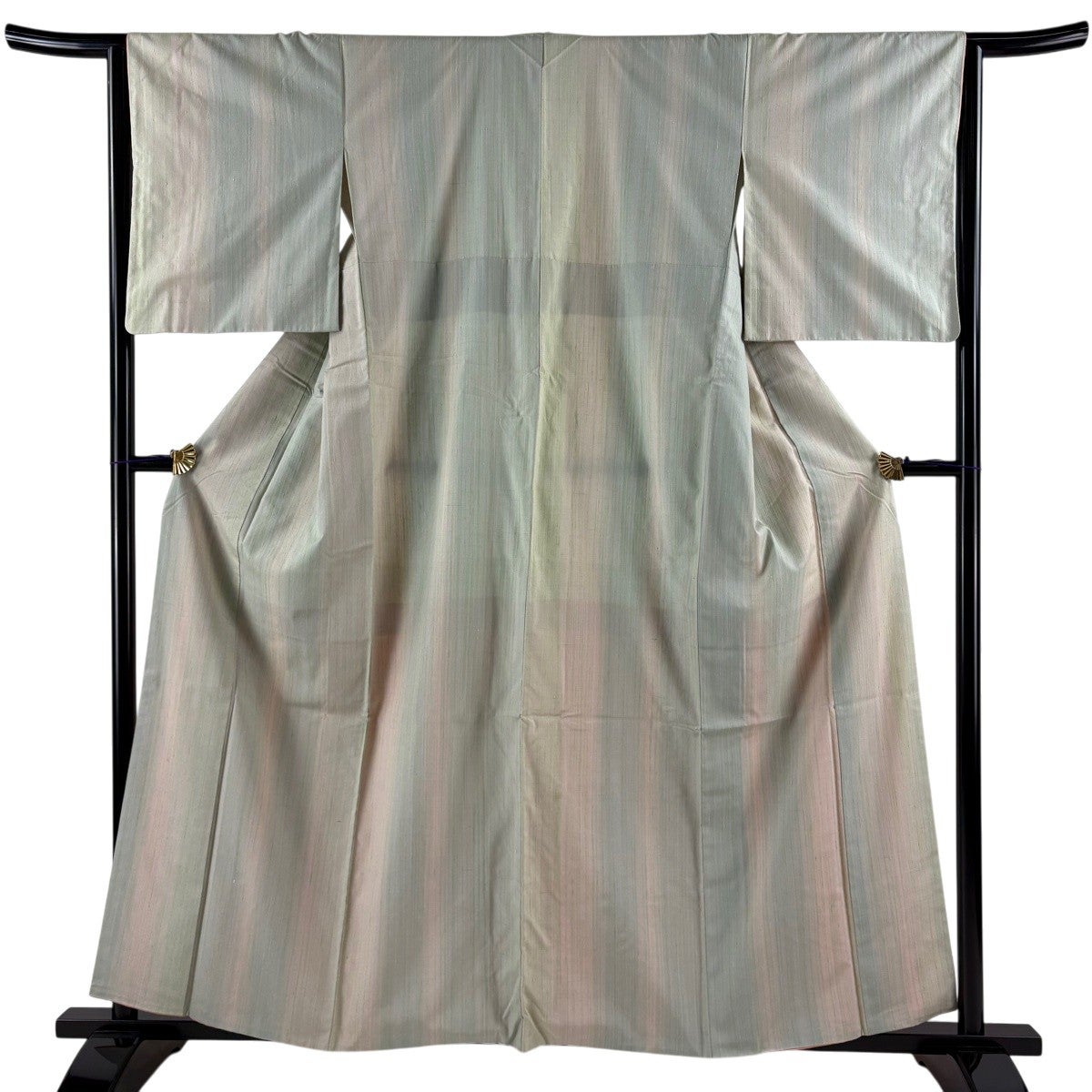 紬 身丈158cm 裄丈64cm M 袷 縞 薄緑 正絹 秀品｜中古・古着