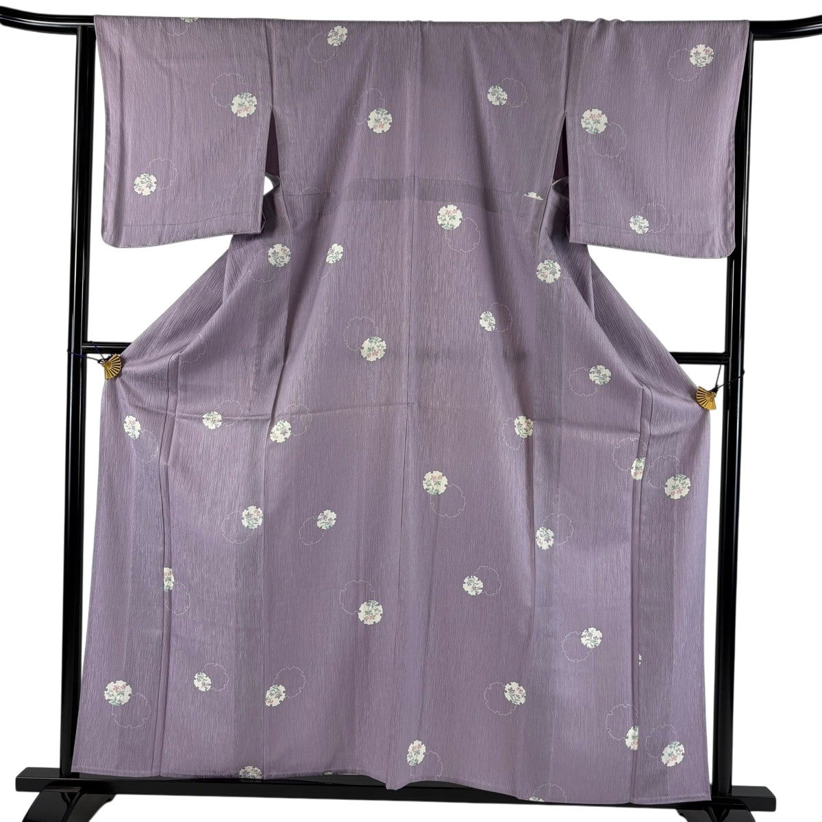 美品】 小紋 身丈159cm 裄丈65.5cm M 単衣 草花 雪輪 紫 正絹 秀品 美品】 小紋 身丈159cm 裄丈65.5cm M 単衣 草花 雪輪 紫 正絹 秀品