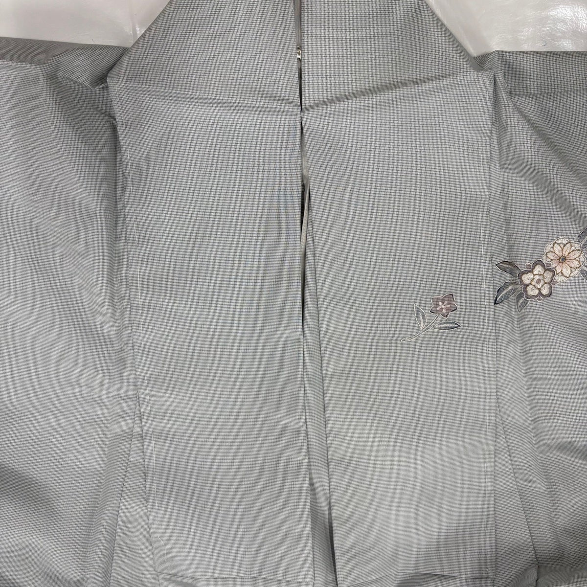 訪問着 身丈164cm 裄丈69cm L 単衣 紬地 草花 刺繍 金糸 青灰色 正絹