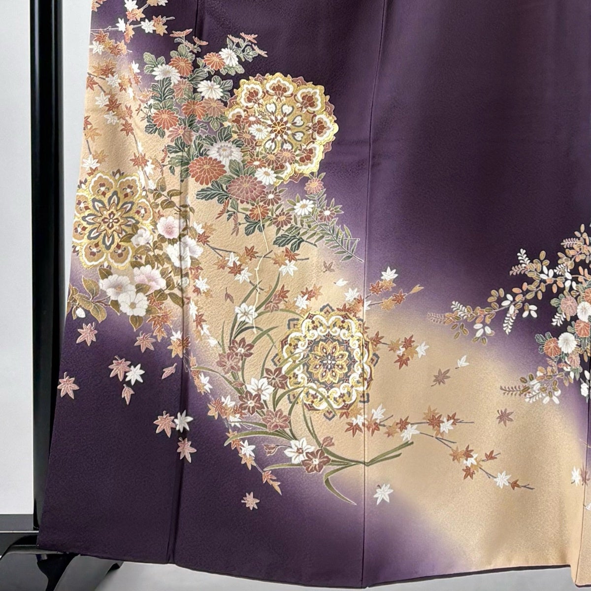 訪問着 身丈161.5cm 裄丈65cm M 袷 華文 鴛鴦 金糸 金彩 濃紫 正絹 秀