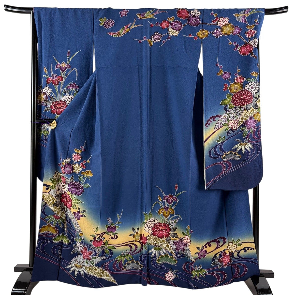 振袖 身丈164.5cm 裄丈68cm L 袷 松竹梅 牡丹 ぼかし 藍色 正絹 秀品