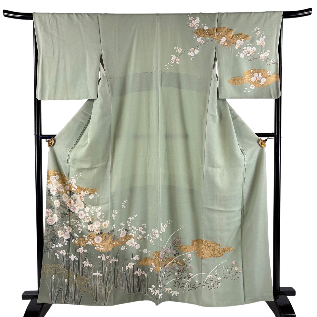 訪問着 身丈163.5cm 裄丈67cm M 袷 菊 菖蒲 金糸 金彩 薄緑 正絹 秀品
