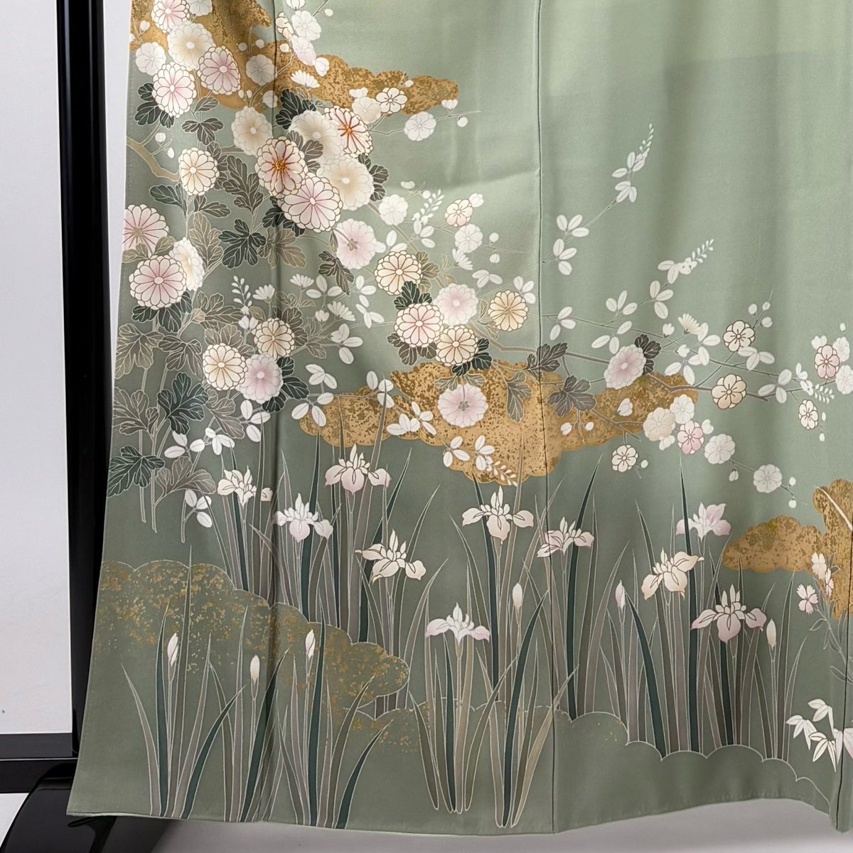 訪問着 身丈163.5cm 裄丈67cm M 袷 菊 菖蒲 金糸 金彩 薄緑 正絹 秀品
