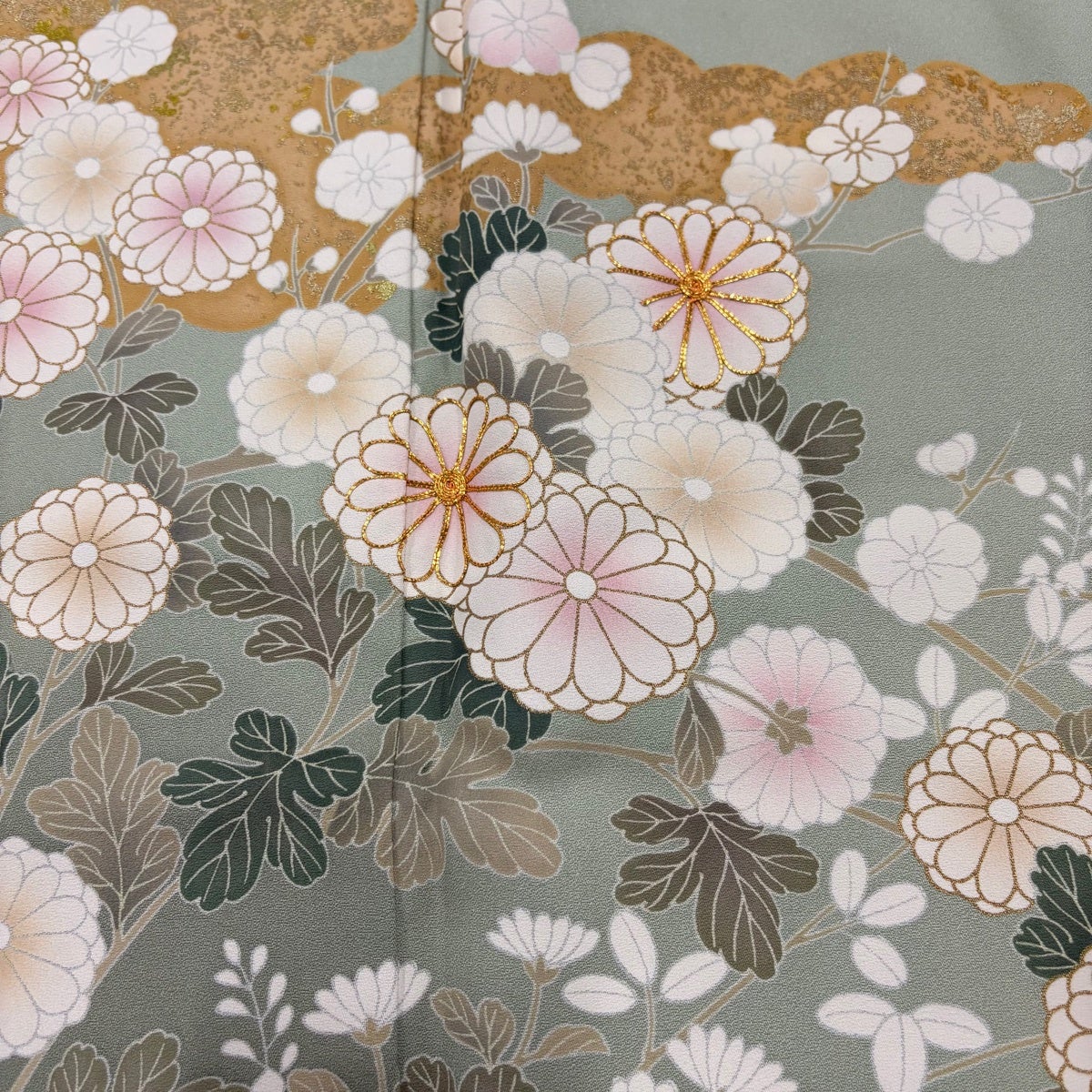 訪問着 身丈163.5cm 裄丈67cm M 袷 菊 菖蒲 金糸 金彩 薄緑 正絹 秀品