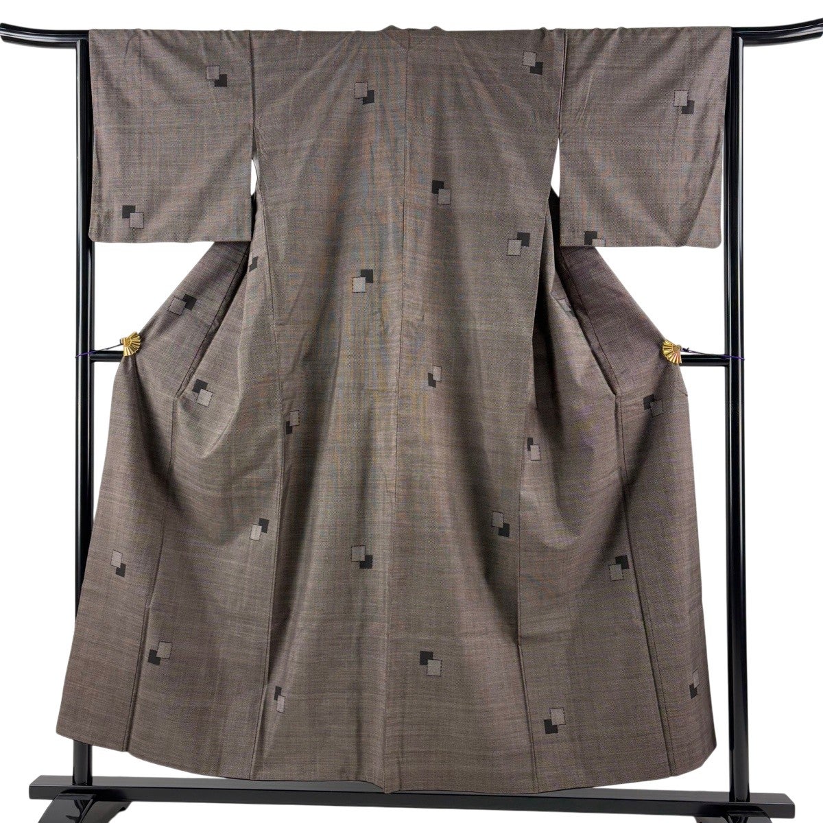 紬 身丈154cm 裄丈65.5cm M 袷 幾何学模様 焦茶色 正絹 秀品｜中古