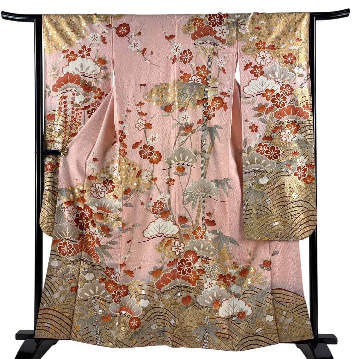 振袖 身丈159.5cm 裄丈63.5cm S 袷 松竹梅 波 金糸 金銀彩 ピンク 正絹