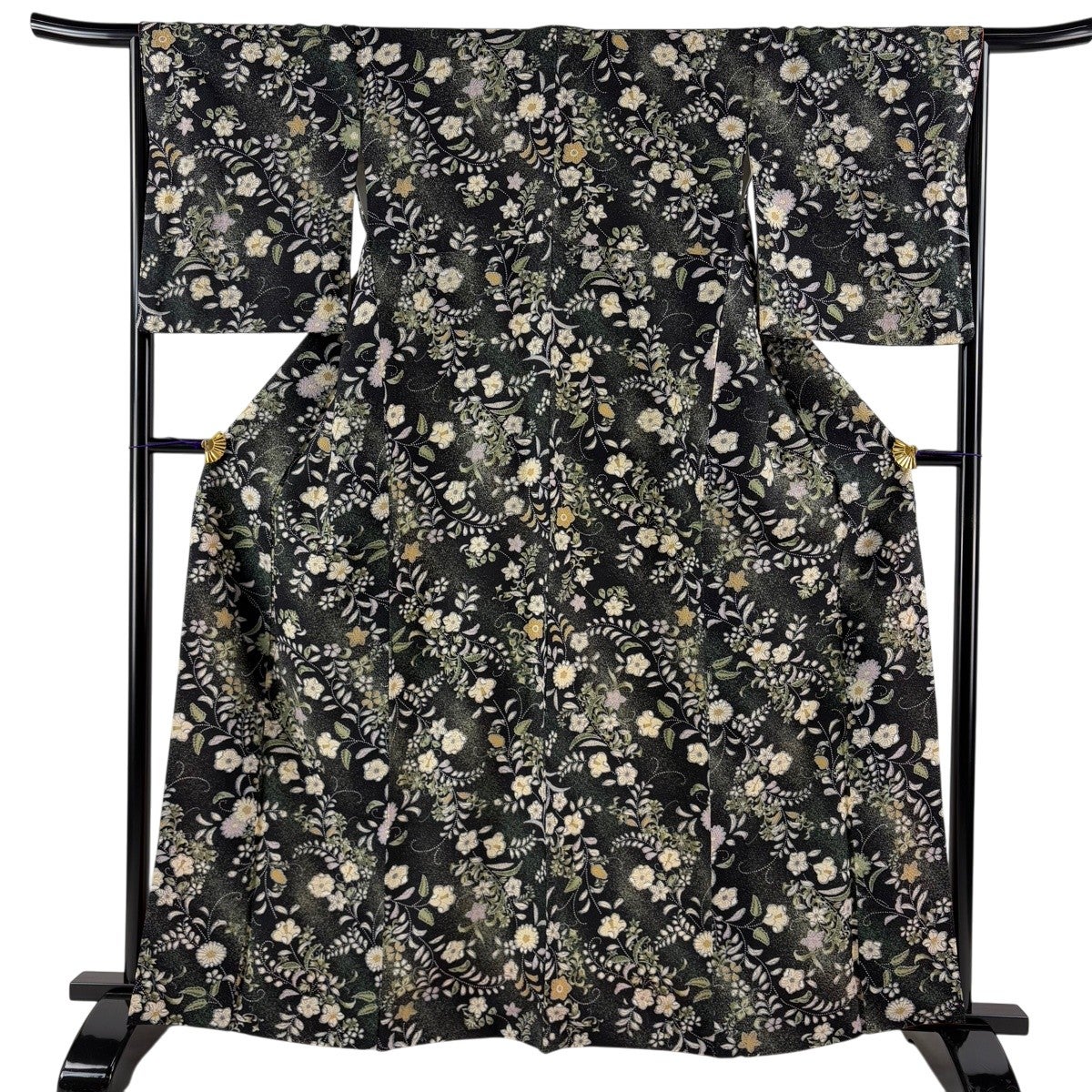 美品】 小紋 身丈162.5cm 裄丈65.5cm M 袷 草花 金彩 黒 正絹 秀品