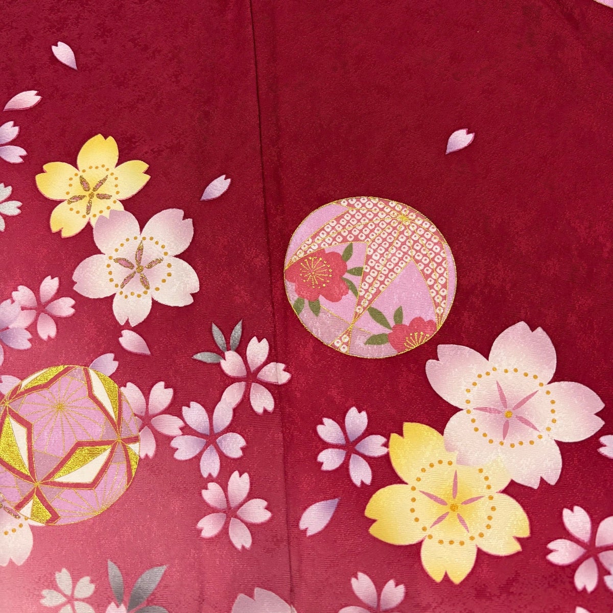 振袖 身丈167cm 裄丈70cm L 袷 鞠 桜 金彩 箔 赤 正絹 秀品｜中古