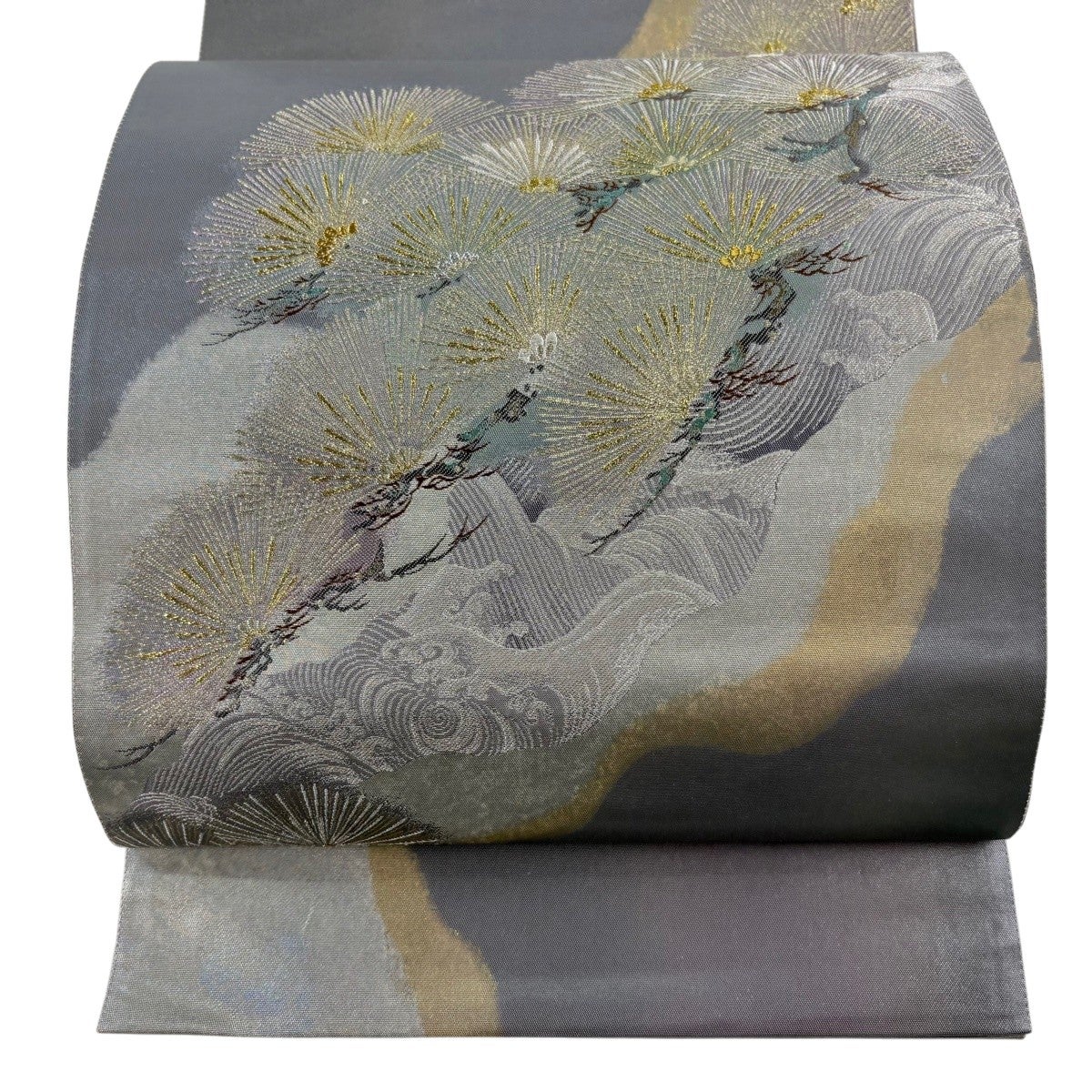 50%OFF 【美品】 袋帯 秀品 落款あり 若松 波頭 箔 金糸 灰紫 お太鼓柄