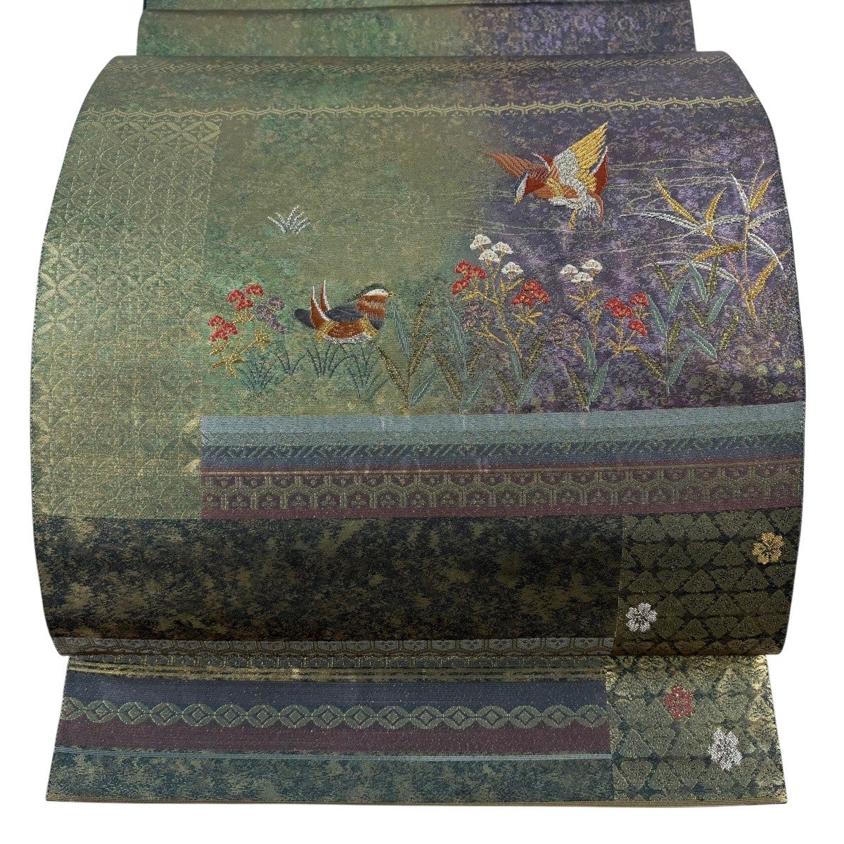 美品】 袋帯 秀品 関西仕立て 鴛鴦 草花 金銀糸 箔 緑 お太鼓柄 正絹