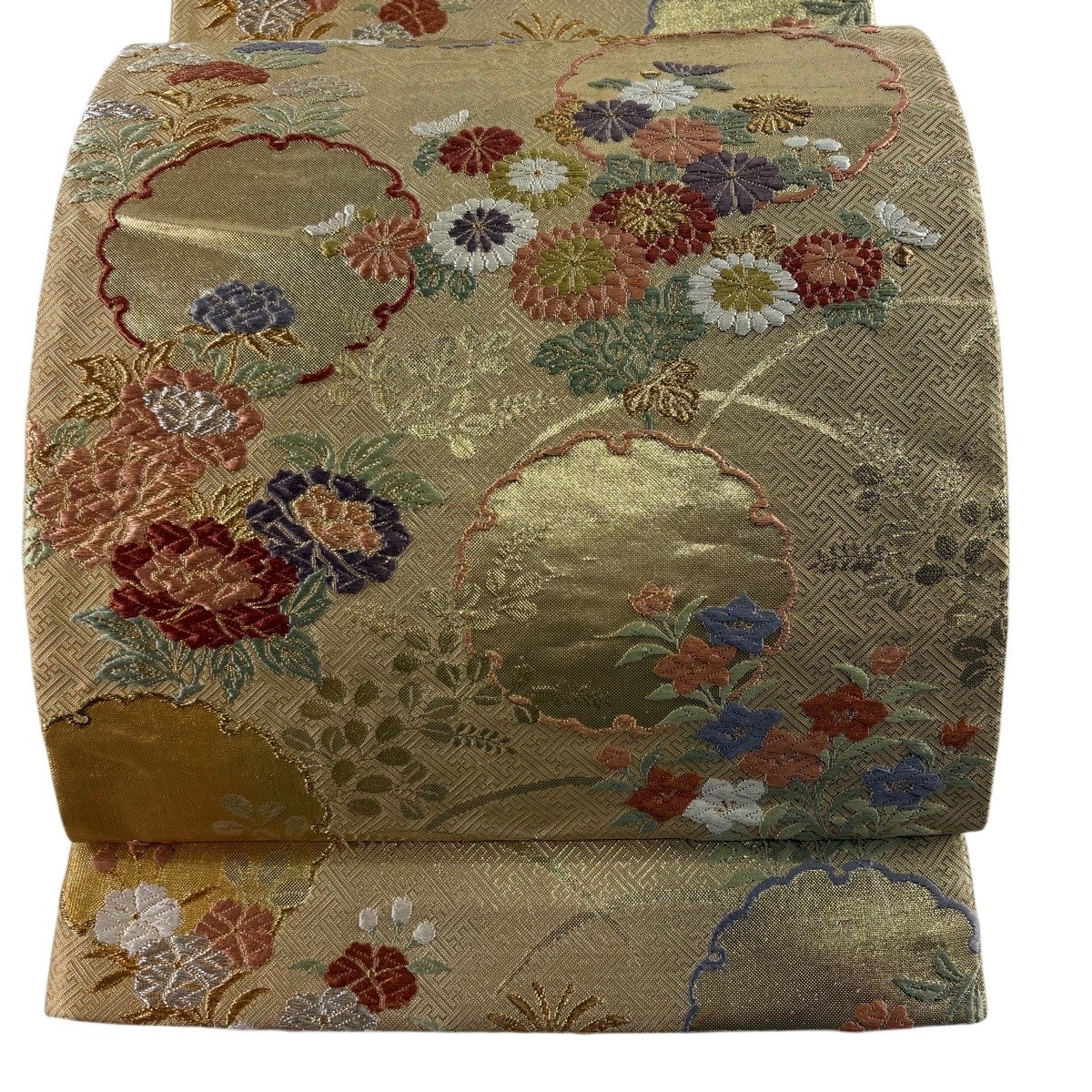 袋帯 名品 御所車 花唐草 螺鈿 箔 金茶 お太鼓柄 正絹｜中古・古着