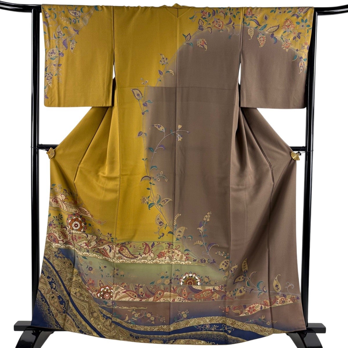 訪問着 身丈164cm 裄丈63.5cm S 袷 華文 草花 金銀彩 ぼかし 山吹茶色