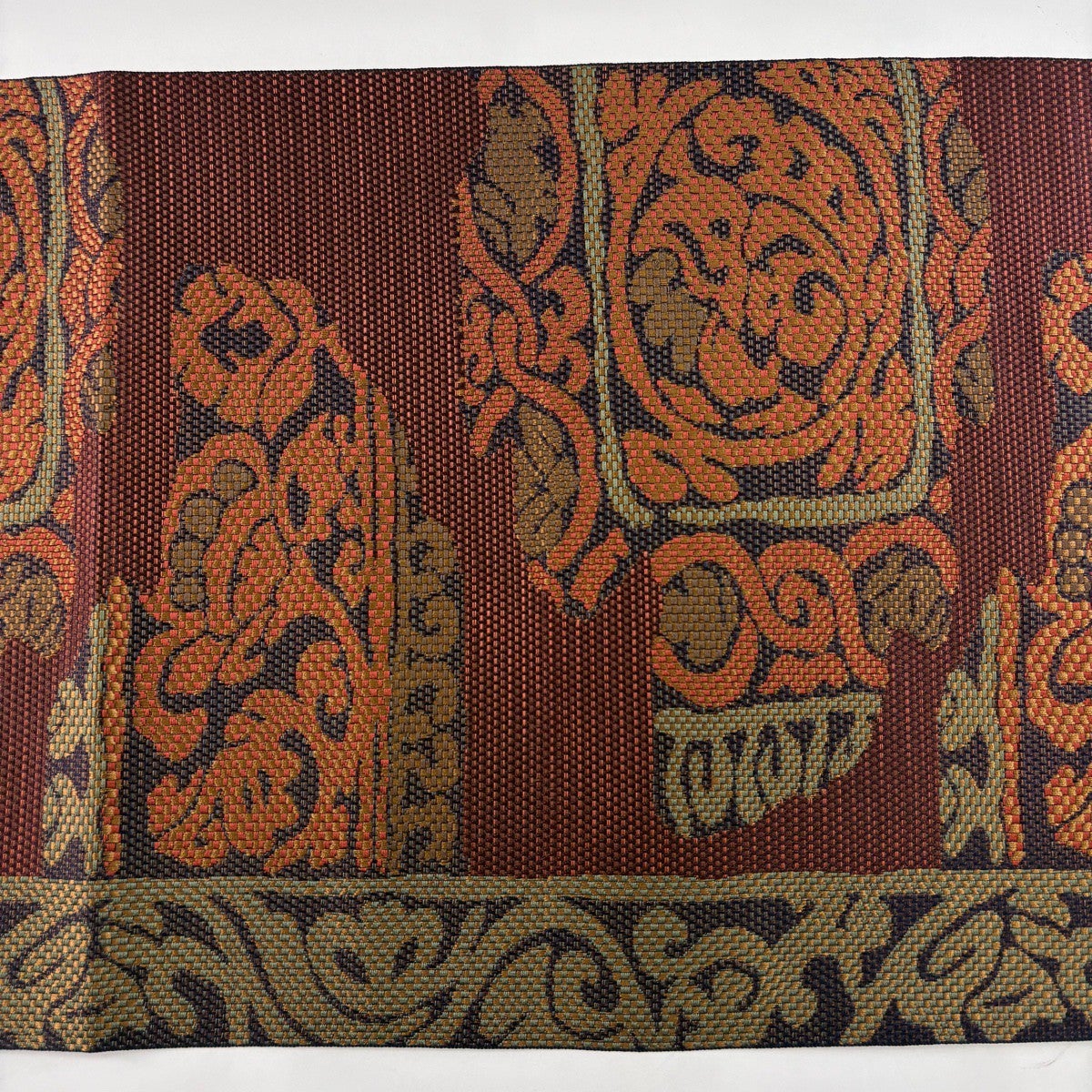 美品】 名古屋帯 優品 松葉仕立て 八寸名古屋帯 紬地 草花 花唐草 赤茶