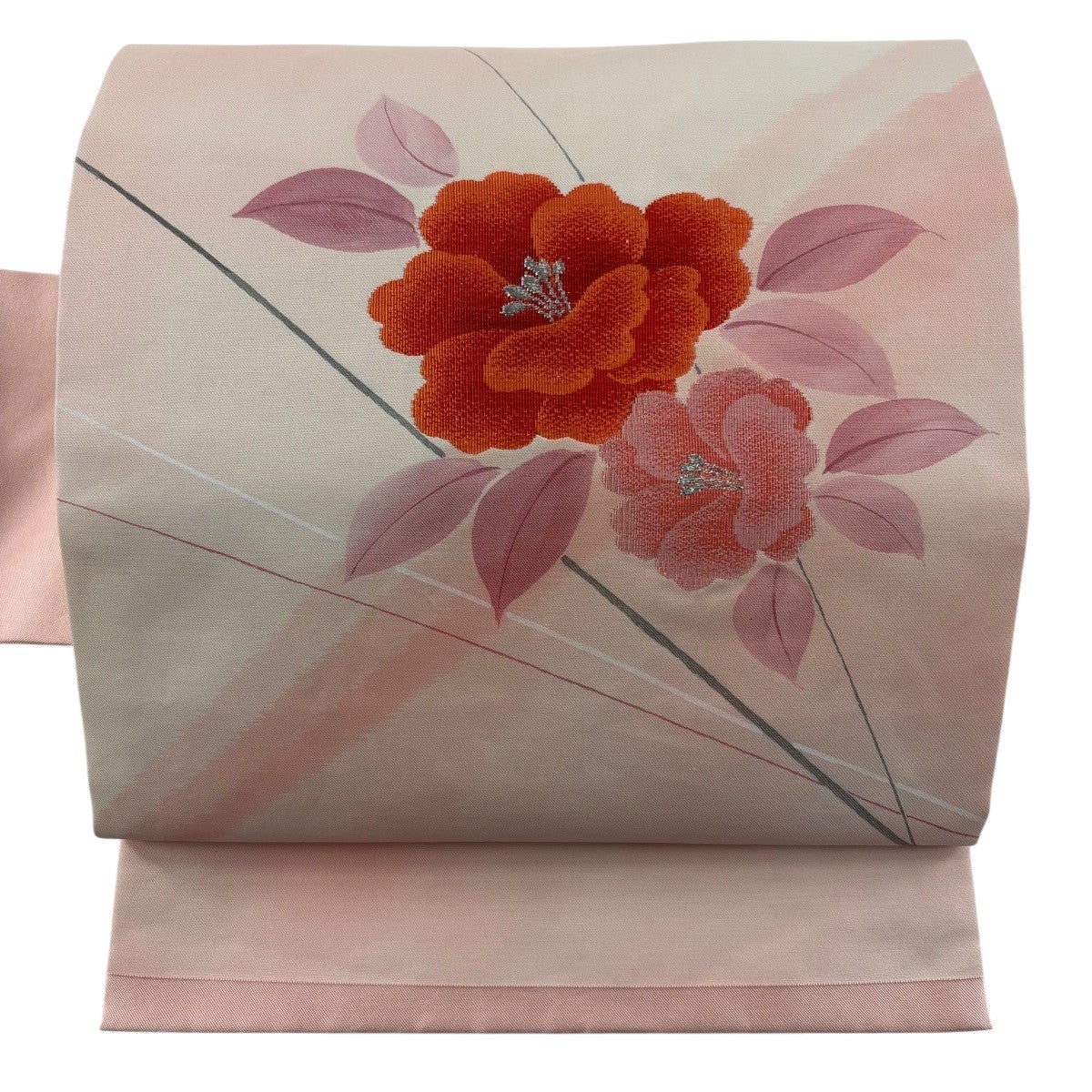 名古屋帯 優品 関西仕立て 草花 斜縞 銀糸 ピンク 正絹｜中古・古着