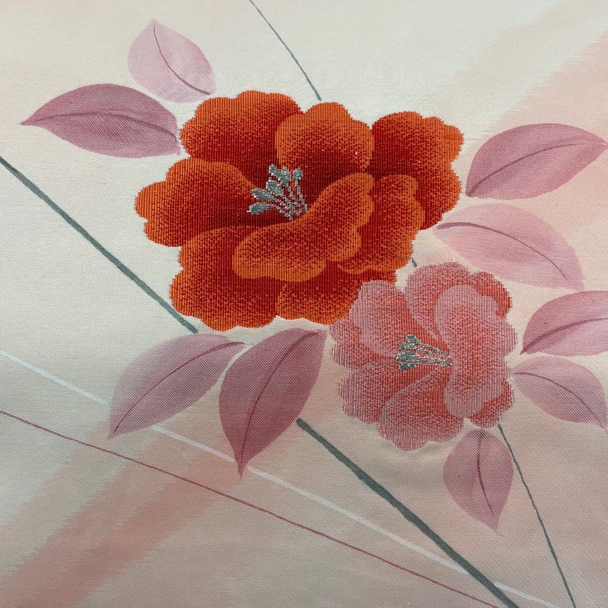 名古屋帯 優品 関西仕立て 草花 斜縞 銀糸 ピンク 正絹｜中古・古着