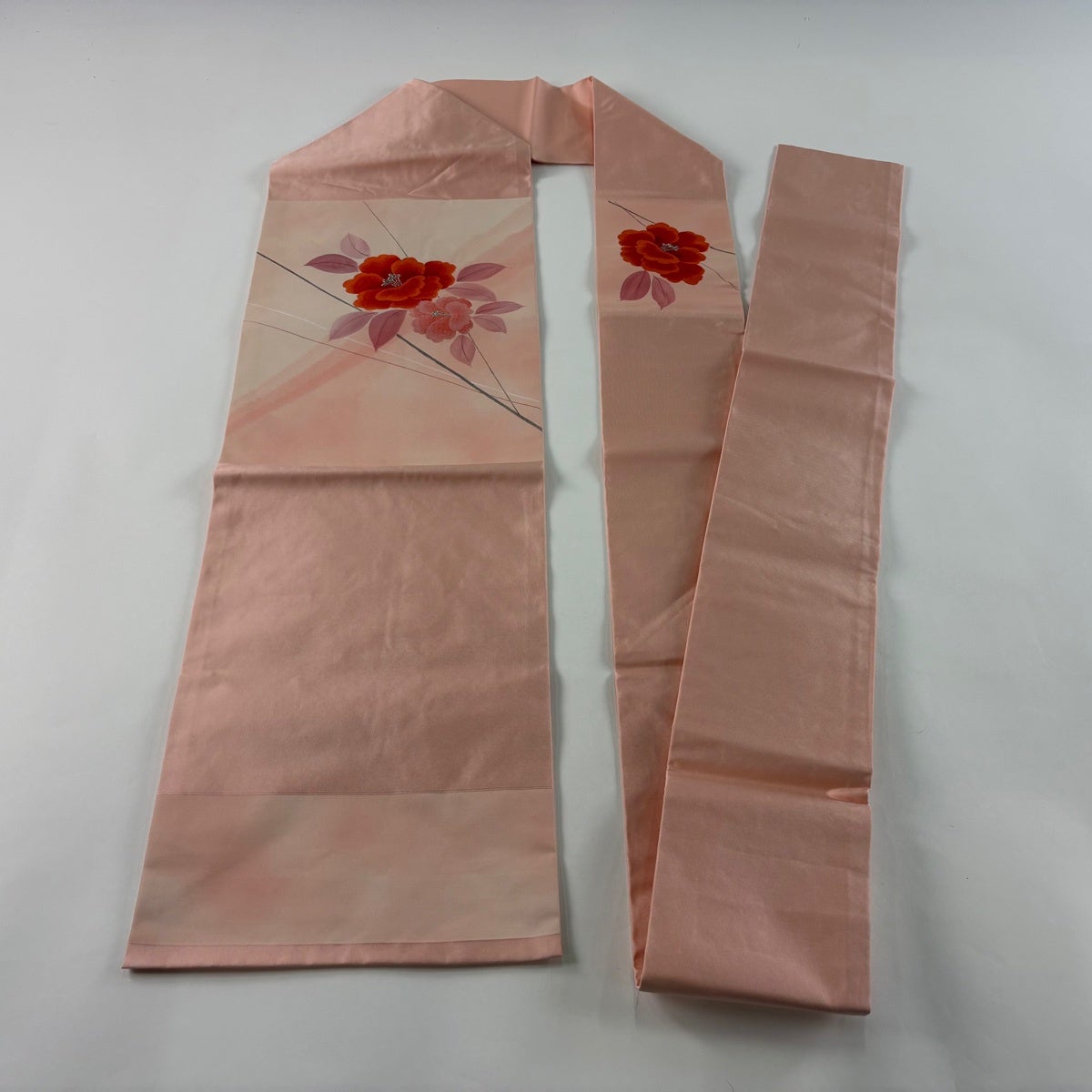 名古屋帯 優品 関西仕立て 草花 斜縞 銀糸 ピンク 正絹｜中古・古着