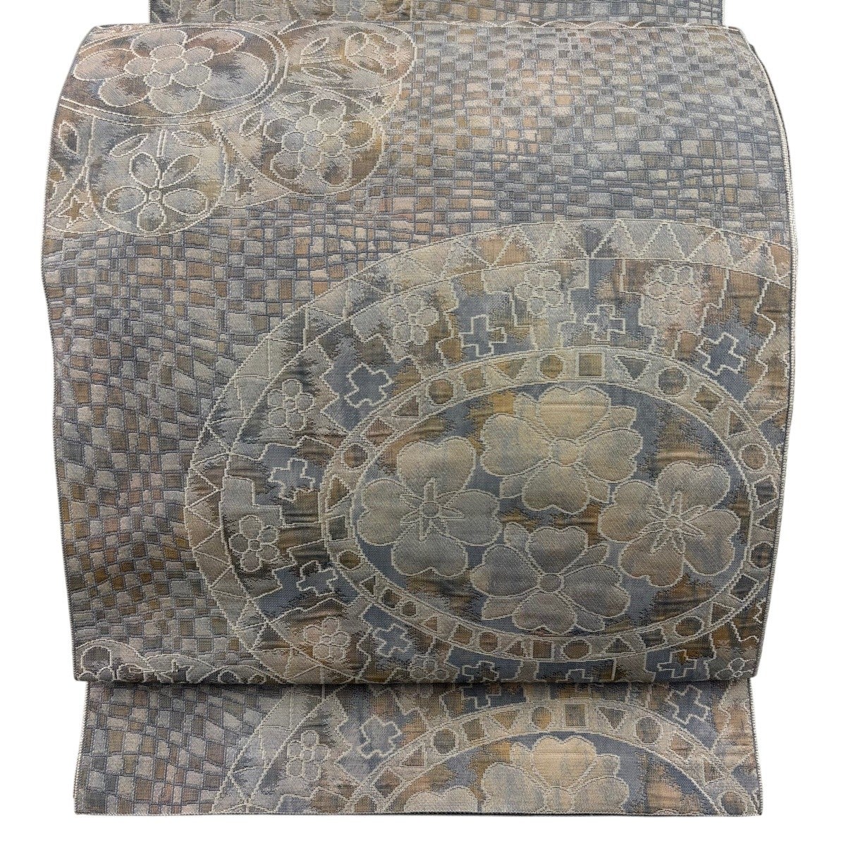 美品】 名古屋帯 優品 八寸名古屋帯 華文 幾何学模様 箔 灰色 正絹