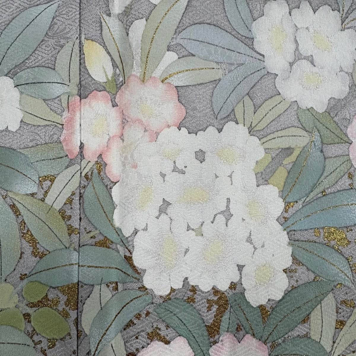 訪問着 身丈162.5cm 裄丈65cm M 袷 落款あり 枝花 萩 金彩 灰色 正絹 訪問着 身丈162.5cm 裄丈65cm M 袷 落款あり 枝花 萩 金彩 灰色 正絹