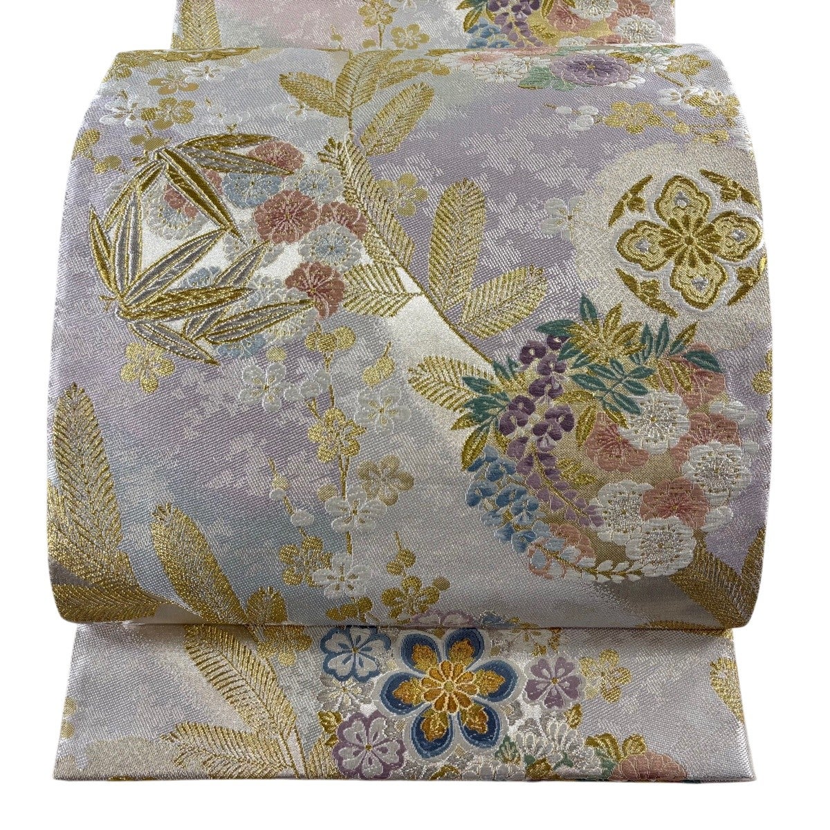 美品】 袋帯 名品 華文 花丸文 金銀糸 箔 薄ピンク 六通 正絹｜中古