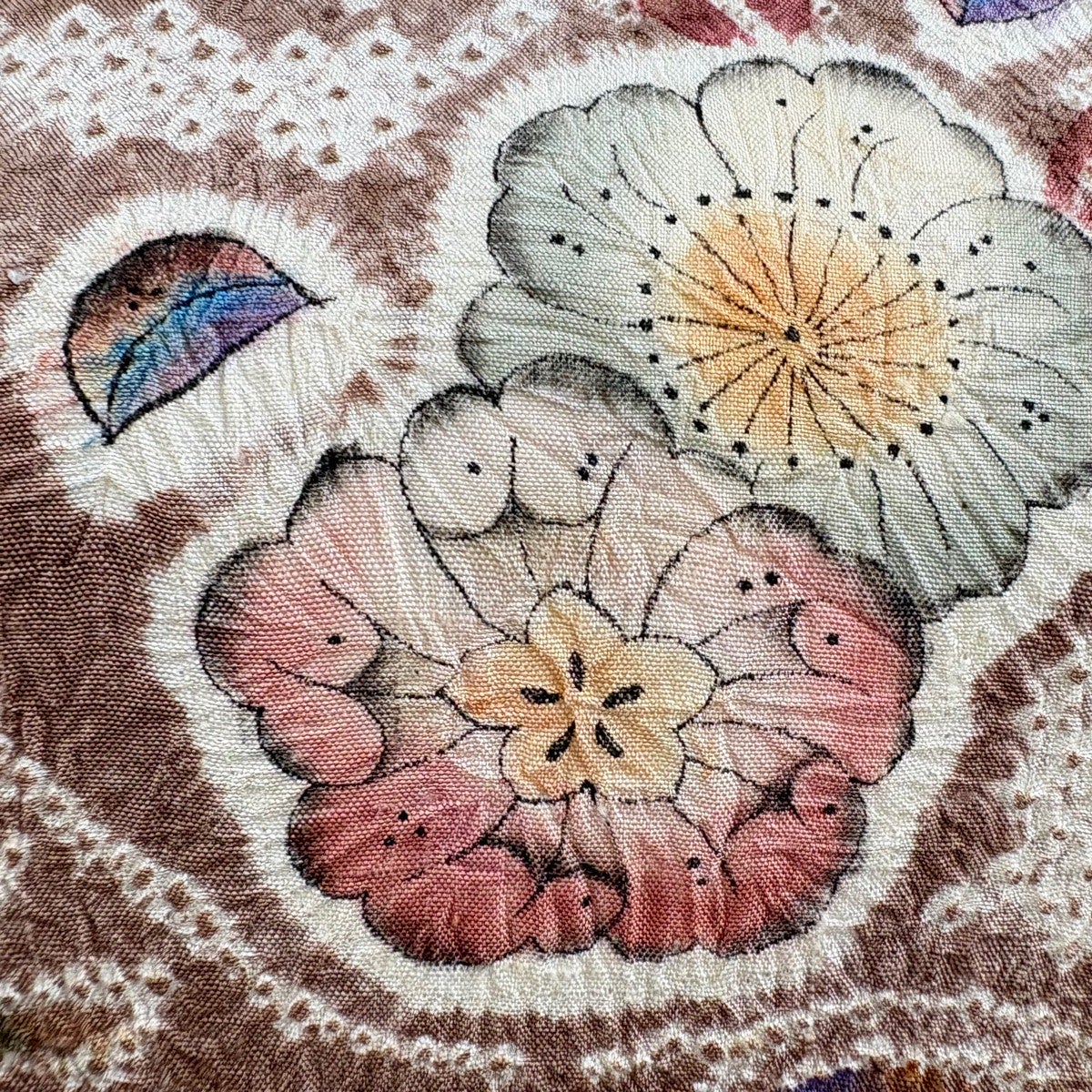 美品】 名古屋帯 名品 紬地 辻ヶ花 花唐草 絞り 小豆色 正絹｜中古
