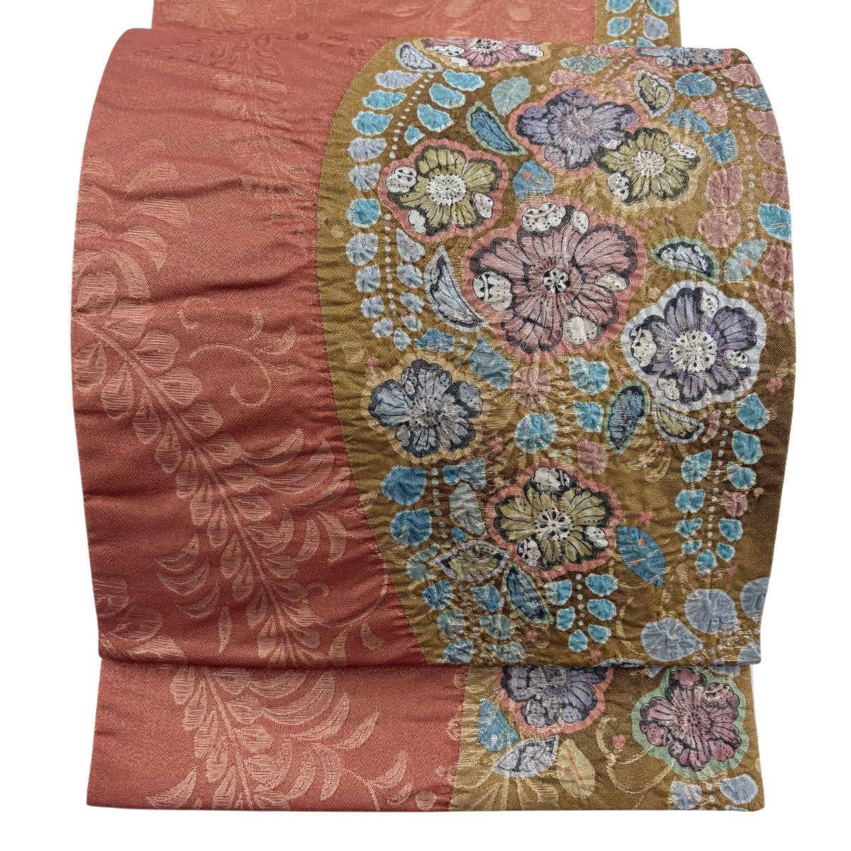 美品】 袋帯 名品 川島織物 落款あり 七宝 花鳥 唐織 箔 薄茶色 六通