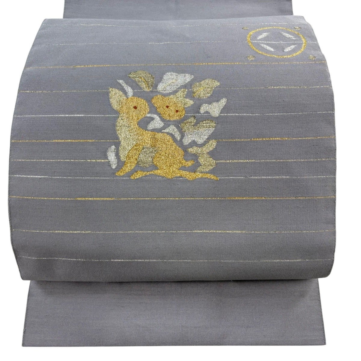 名古屋帯 秀品 松葉仕立て 八寸名古屋帯 紬地 縞 金糸 焦茶色 正絹