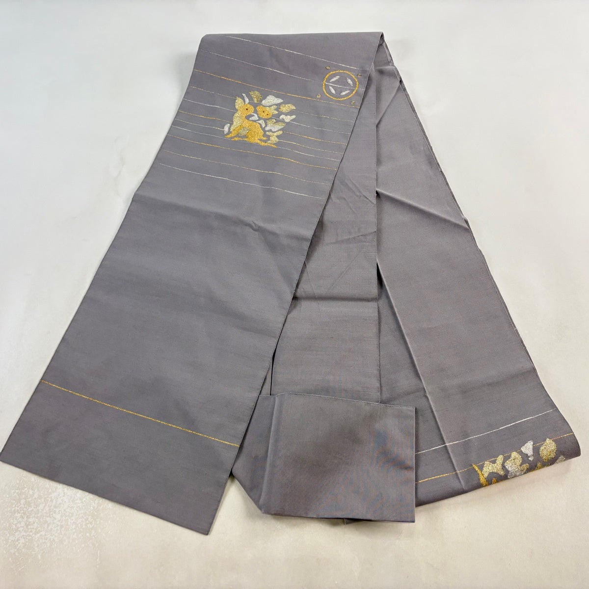 50%OFF 名古屋帯 名品 紬地 松葉仕立て 八寸名古屋帯 花うさぎ 縞 金