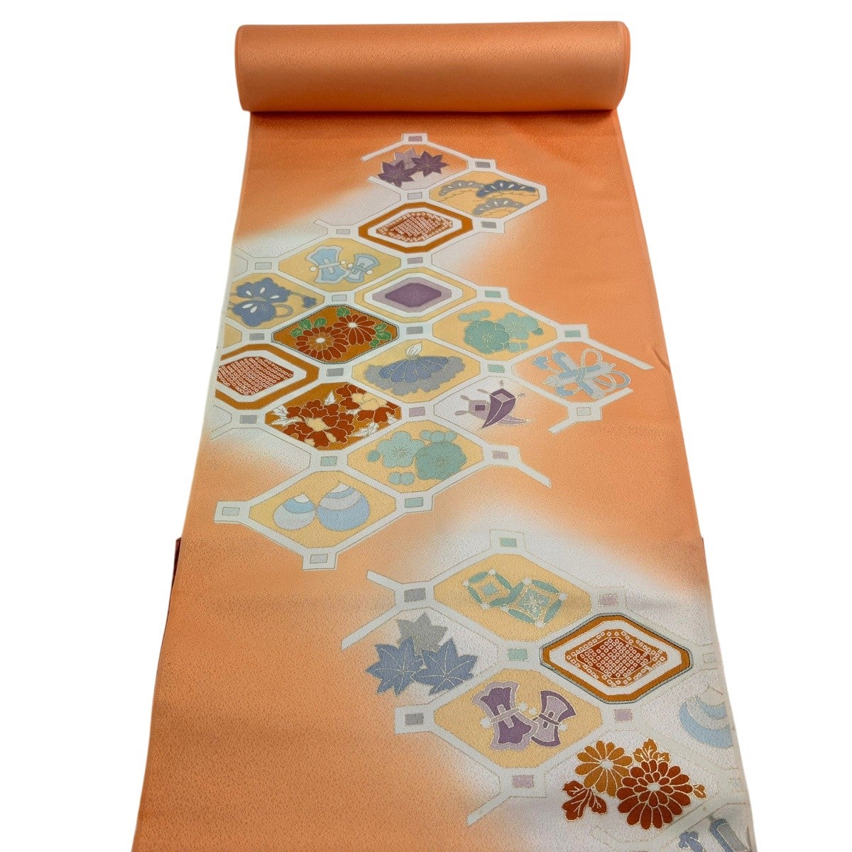 反物 秀品 付下げ 蜀江文 草花 金彩 ぼかし オレンジ 正絹｜中古・古着