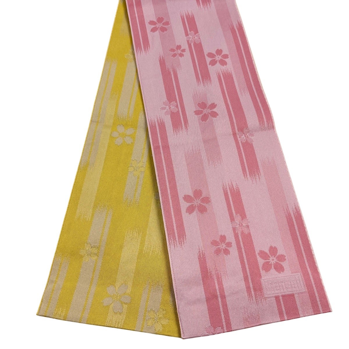 美品】半幅帯 優品 山本寛斎 落款あり 桜 縞 ピンク 化繊｜中古・古着
