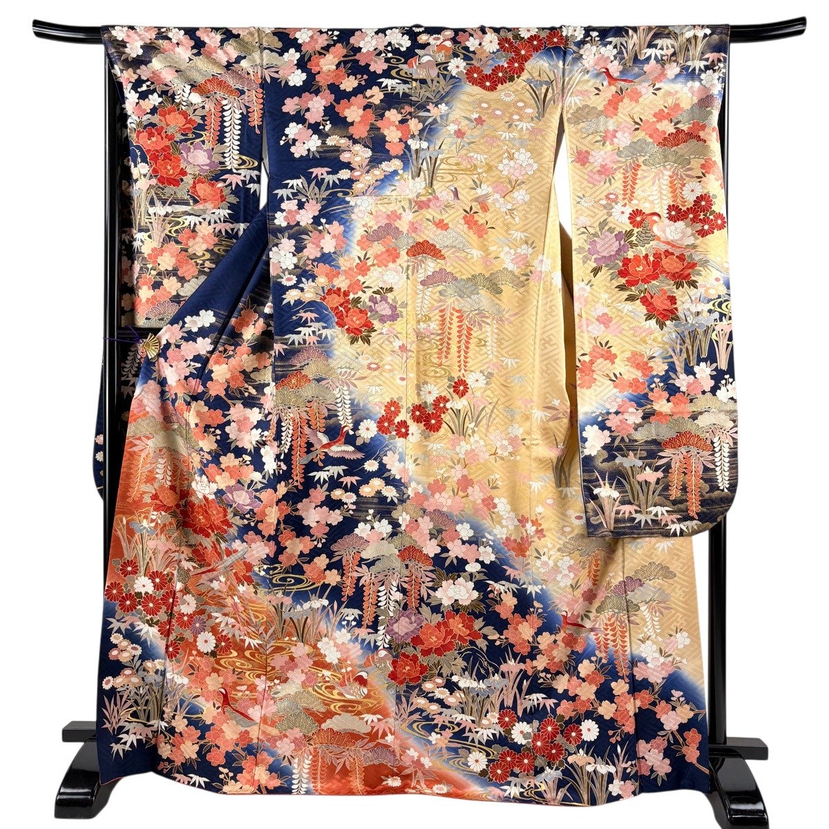 振袖 身丈168.5cm 裄丈67cm M 袷 草花 鳥 金糸 金彩 紺色 正絹 秀品