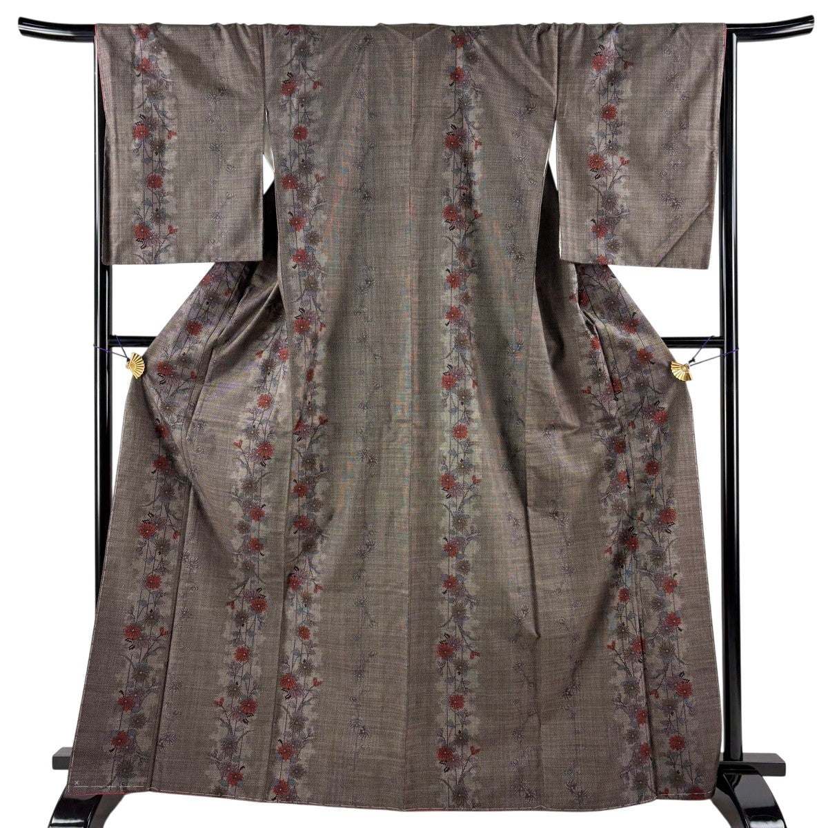 美品】 紬 身丈166.5cm 裄丈66cm M 袷 草花 焦茶色 正絹 秀品｜中古