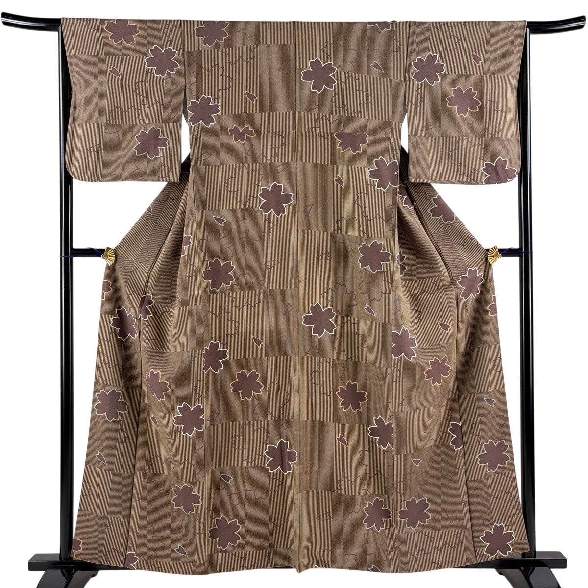 美品】 小紋 身丈159cm 裄丈65cm M 袷 桜 縦縞 金彩 茶紫 正絹 秀品