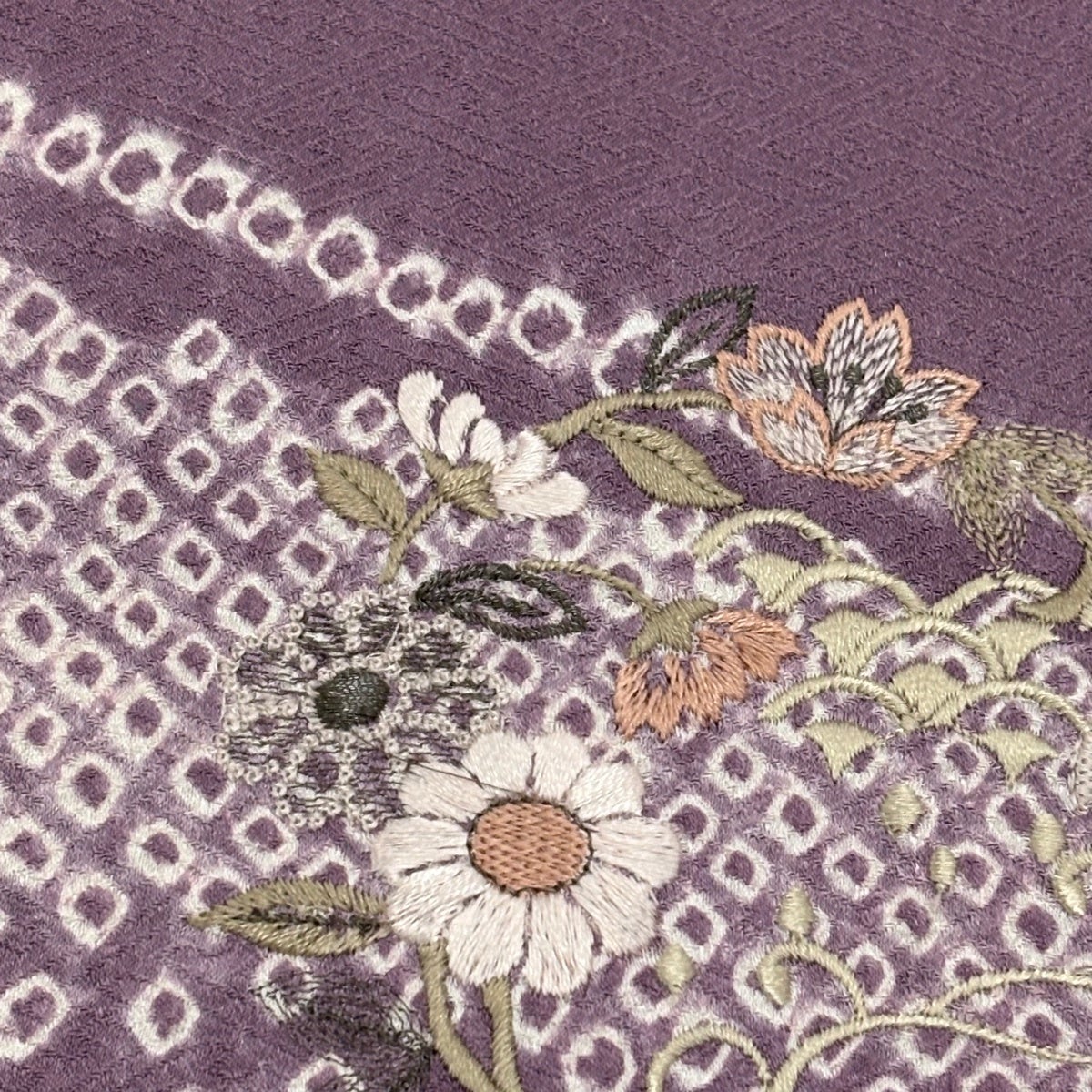 未着用！単衣＊総絞り＊刺繍＊灰紫色＊居敷当て付き＊訪問着＊１６０ｃｍ＊裄６９ 付下げ 身丈160cm 裄丈66.5cm M 袷 花丸文 霞 刺繍 絞り 紫 正絹 秀品