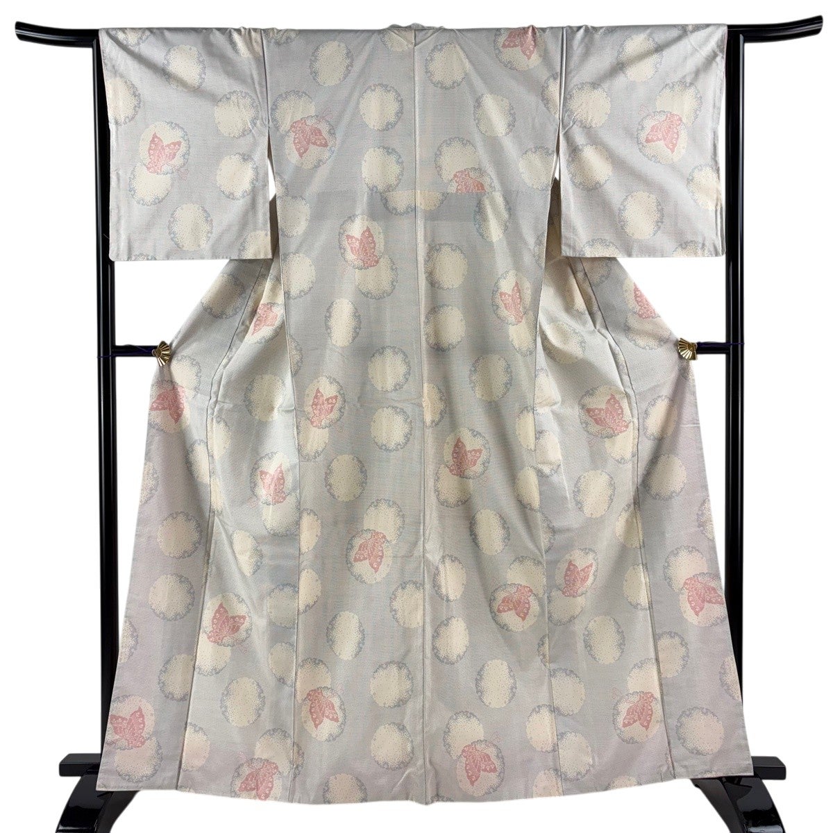 美品】 大島紬 身丈163cm 裄丈65cm M 袷 証紙あり 蝶 雪輪 灰色 正絹
