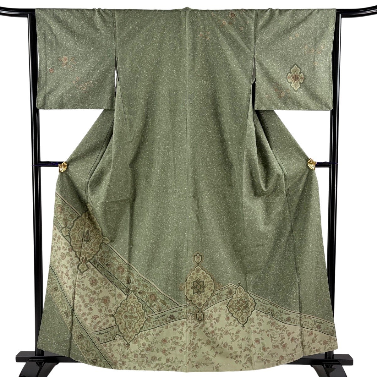 美品】 訪問着 身丈160cm 裄丈64.5cm M 袷 紬地 華文 花唐草 灰緑 正絹