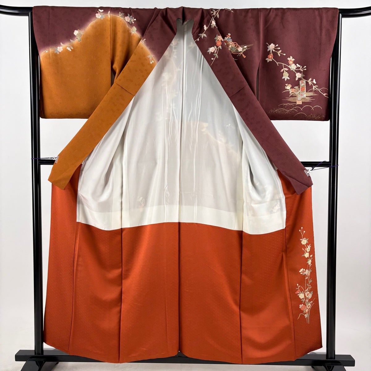 訪問着 身丈156cm 裄丈66cm M 袷 花車 花鳥 金糸 金彩 赤茶 正絹 秀品