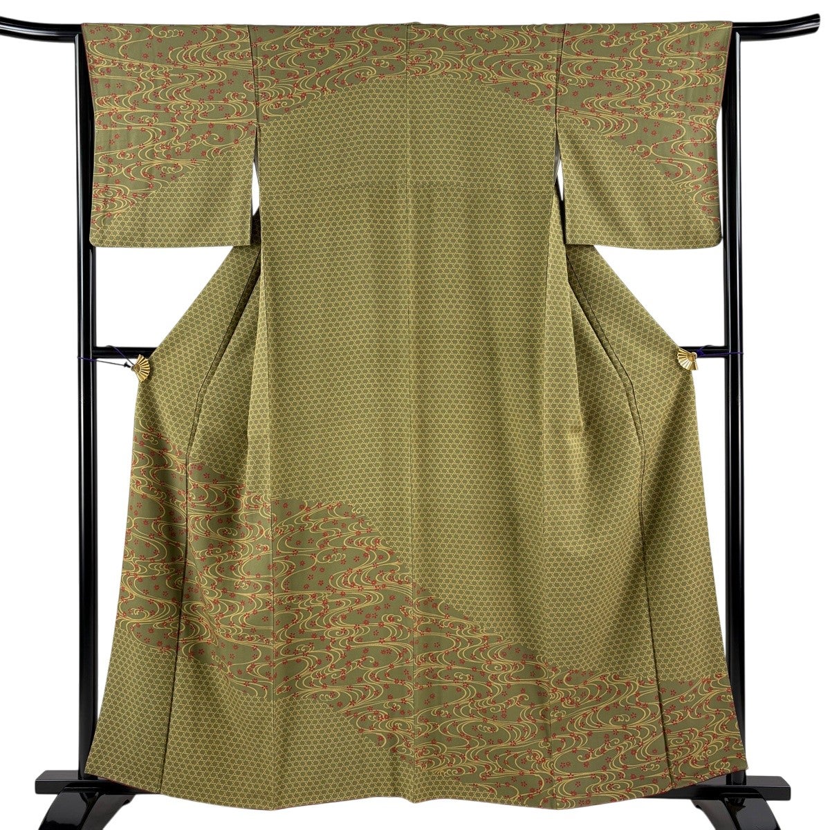 訪問着 身丈158.5cm 裄丈64cm M 袷 桜 流水 茶緑色 正絹 秀品｜中古