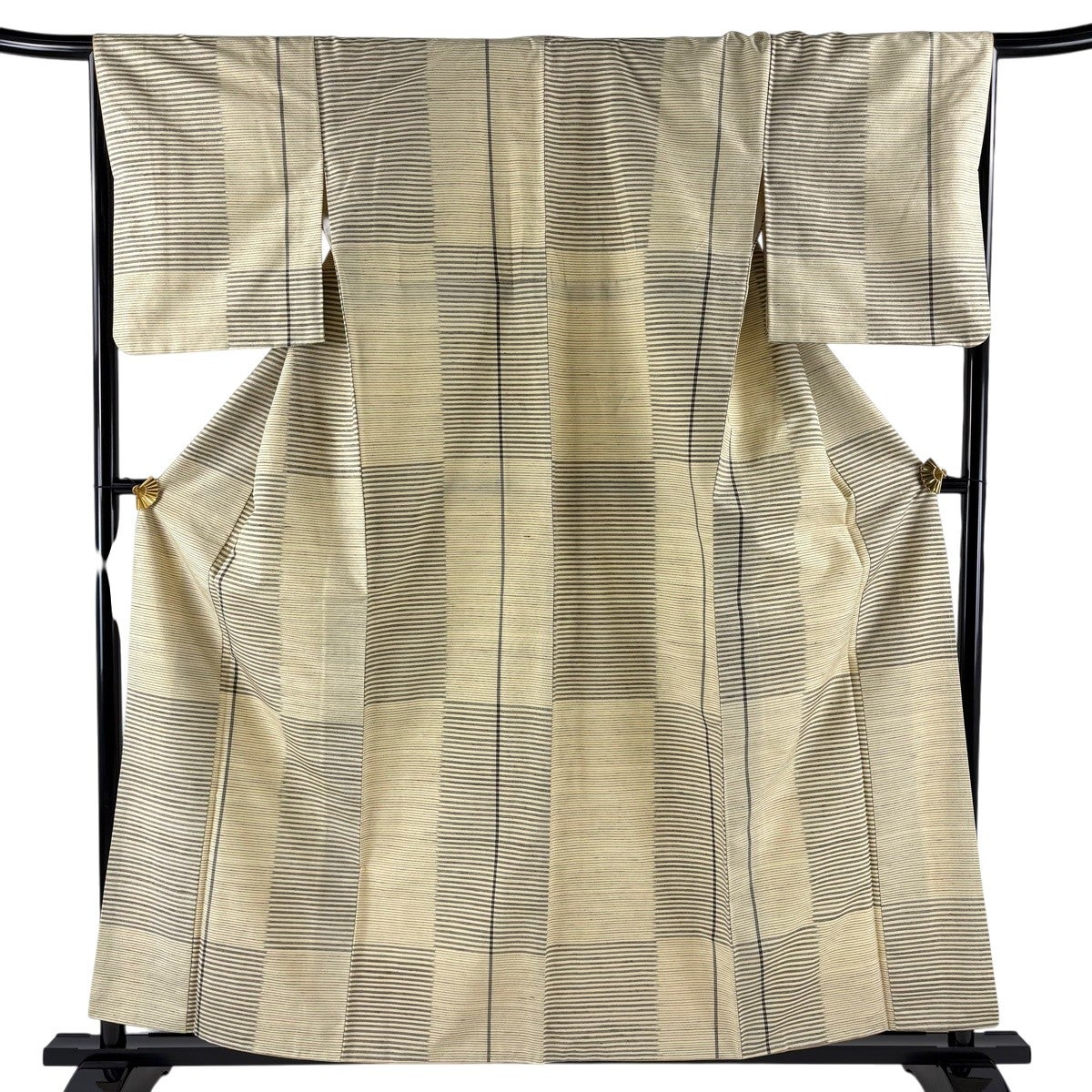 美品】 紬 身丈157cm 裄丈66.5cm M 袷 縞 変わり市松 ベージュ 正絹 秀